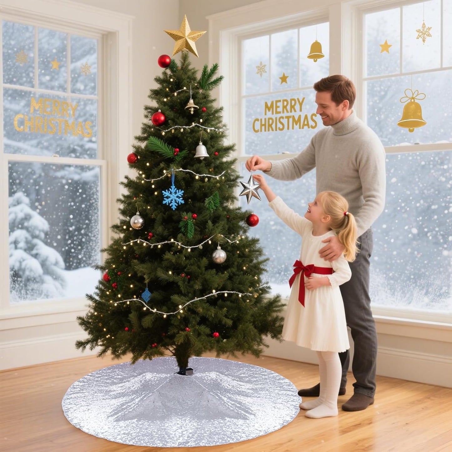 Eternal Beauty Christmas Tree Skirt, 70 Inch Silver Sequin Tree Skirt Small Xmas Tree Skirt for Christmas Tree Decorations