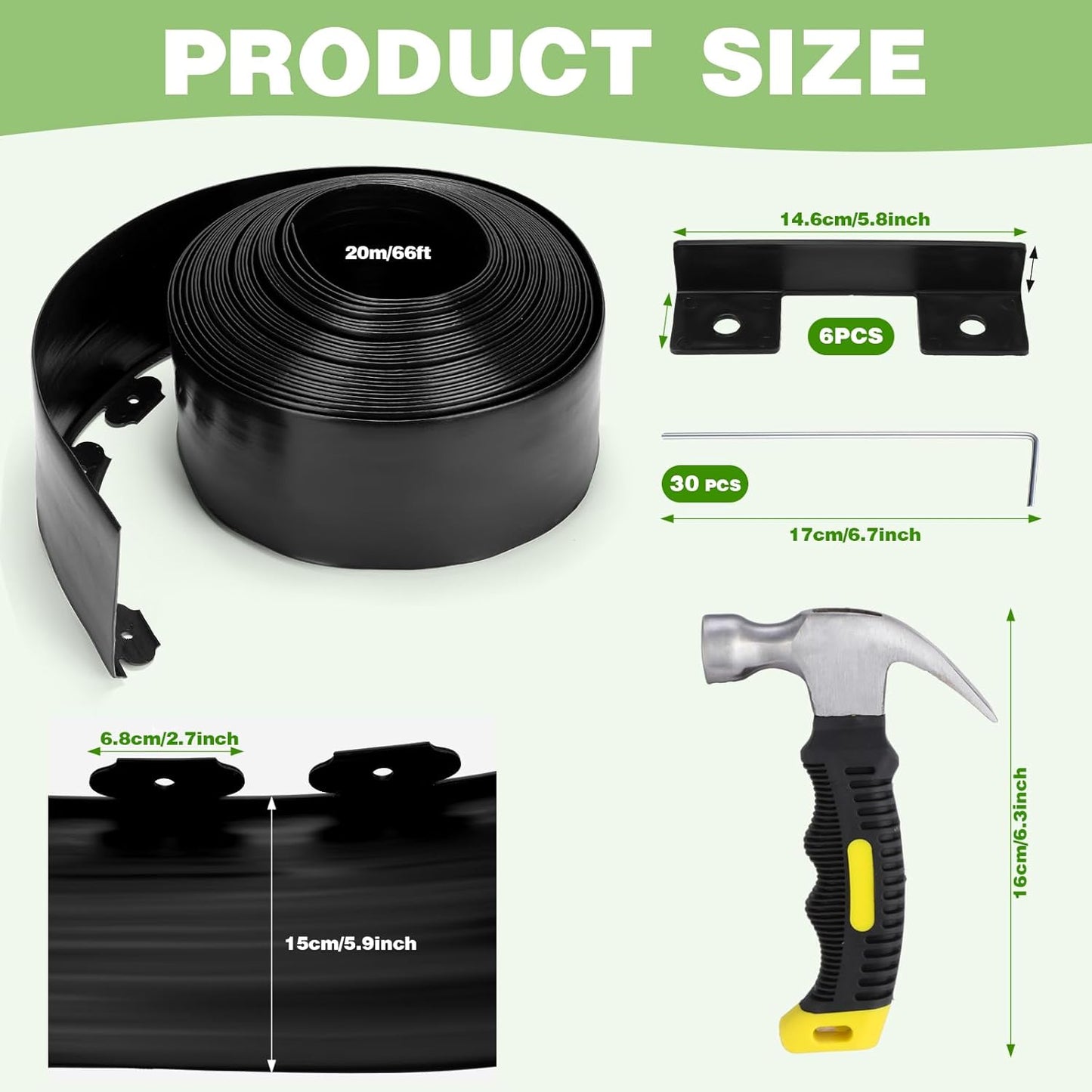 6 Inch Tall 66 ft Length Landscape Plastic Edging Kit with Hammer Spikes Plastic Garden Flower Bed Edging Landscape Border for Gardens Border Grass Yard Lawn (Black)