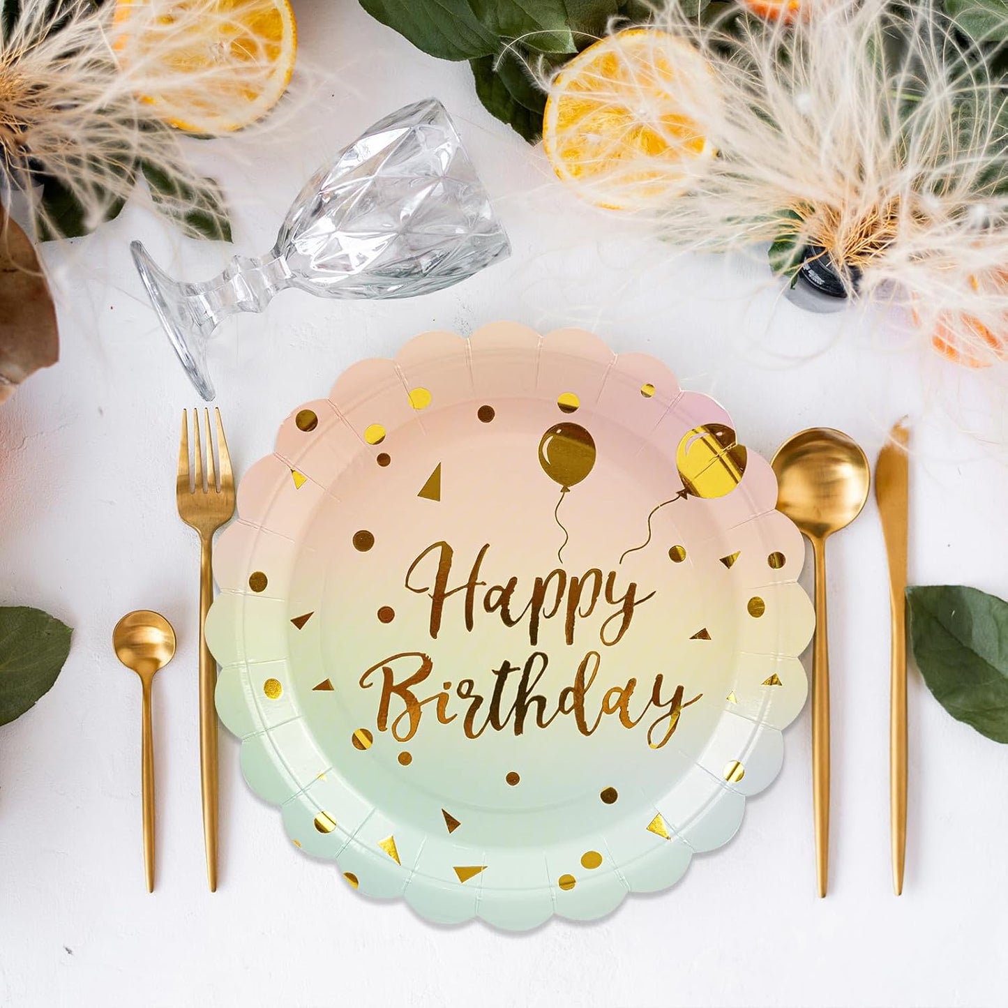 50PCS Pastel Rainbow Birthday Paper Plates, 7 Inch Disposable Happy Birthday Dessert Plates Cake Plate Scalloped Colorful Gold Dot Party Plate Aniversary Party Supplies Decorations for Boys Girls