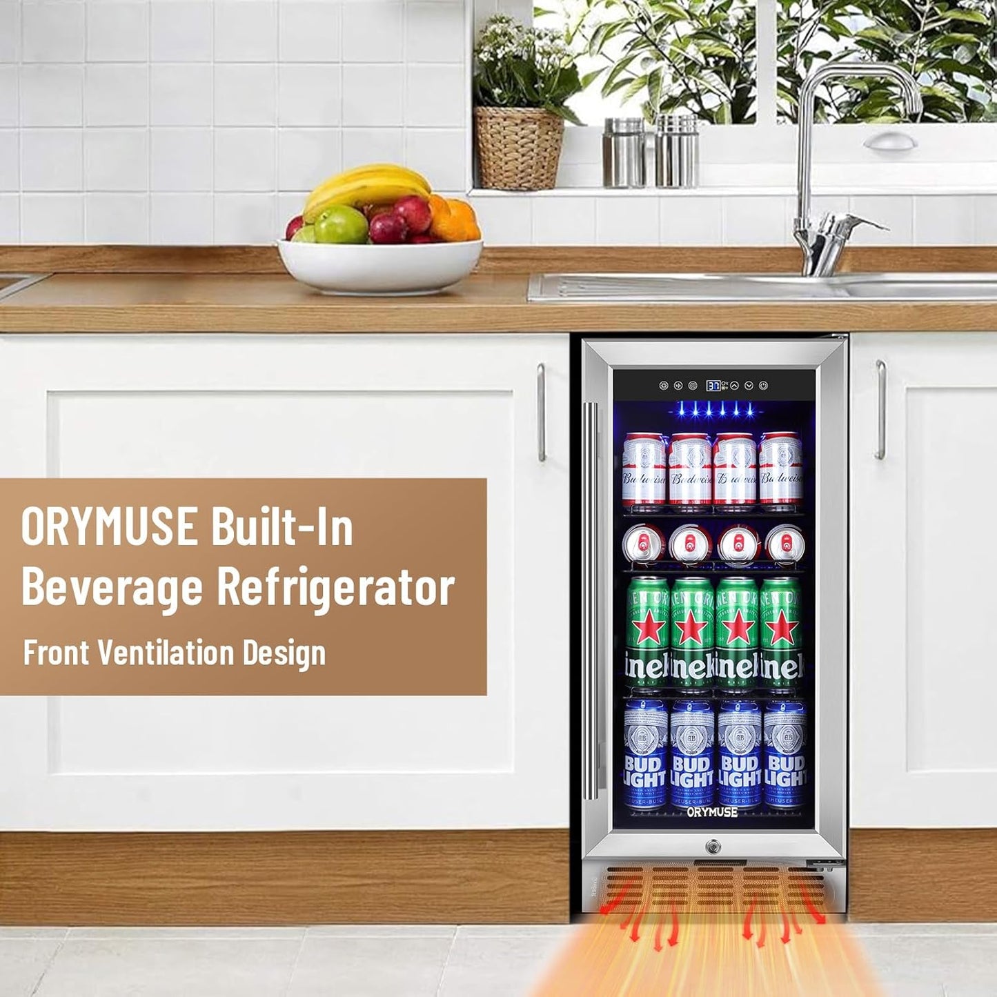 15 Inch Beverage Refrigerator, 130 Can Capacity Under Counter Fridge with Lock & Glass Door, Quiet Built-in or Freestanding Beer Cooler, Powerful Compressor for Fast Cooling