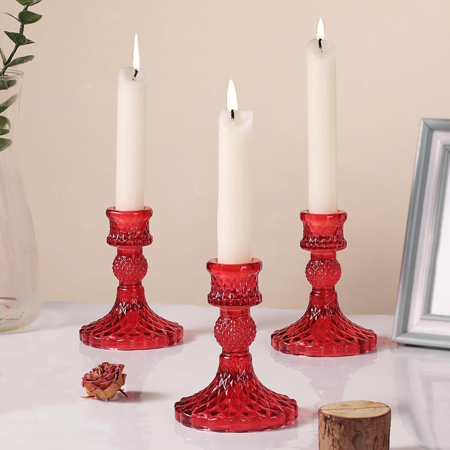 12Pcs Red Candlestick Holders Set- 4" H Taper Candle Holders Bulk, Glass Candle Holders for Activities, Party, Romantic Dinner Table Centerpieces, Festival Gifts & Windowsill Decor
