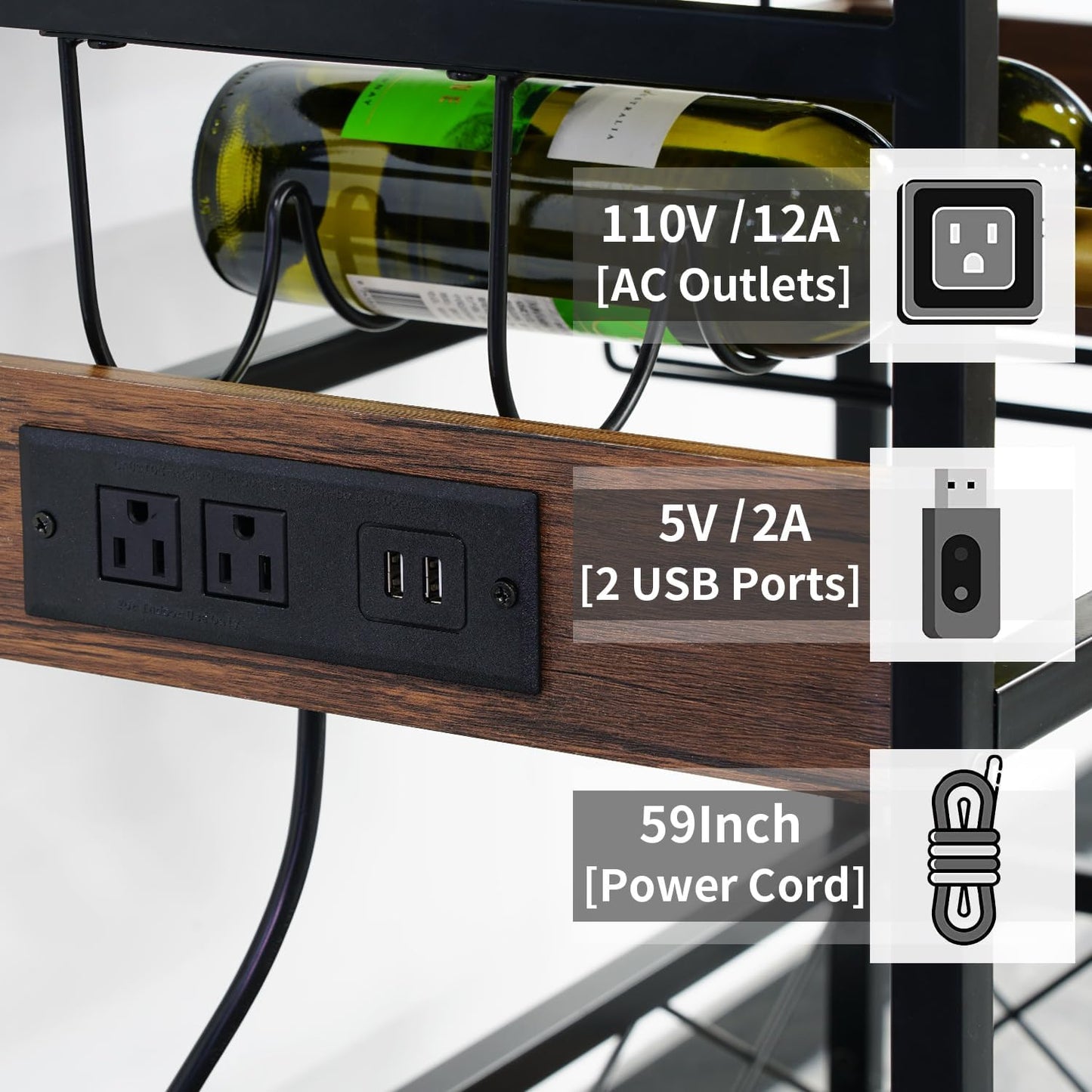 Bar Cart with Power Outlet, Industrial Kitchen Serving Cart with Wine Rack & Glass Holder, Coffee Bar Table Station with Storage, Rolling Cart on Wheels with 59IN Cord, Brown