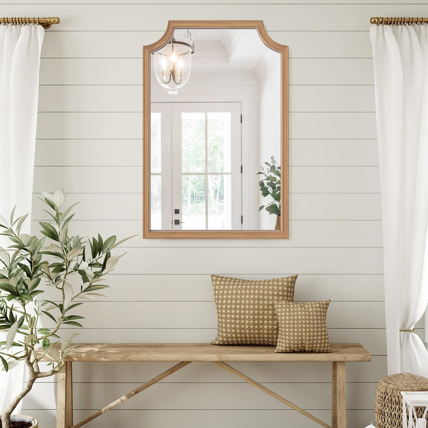 WallBeyond Wood Framed Mirror with Scalloped, 24" x 36" Farmhouse Arch Wall Mirror for Bathroom Entryway Living Room or Bedroom Home Decor [Honey-Colored]