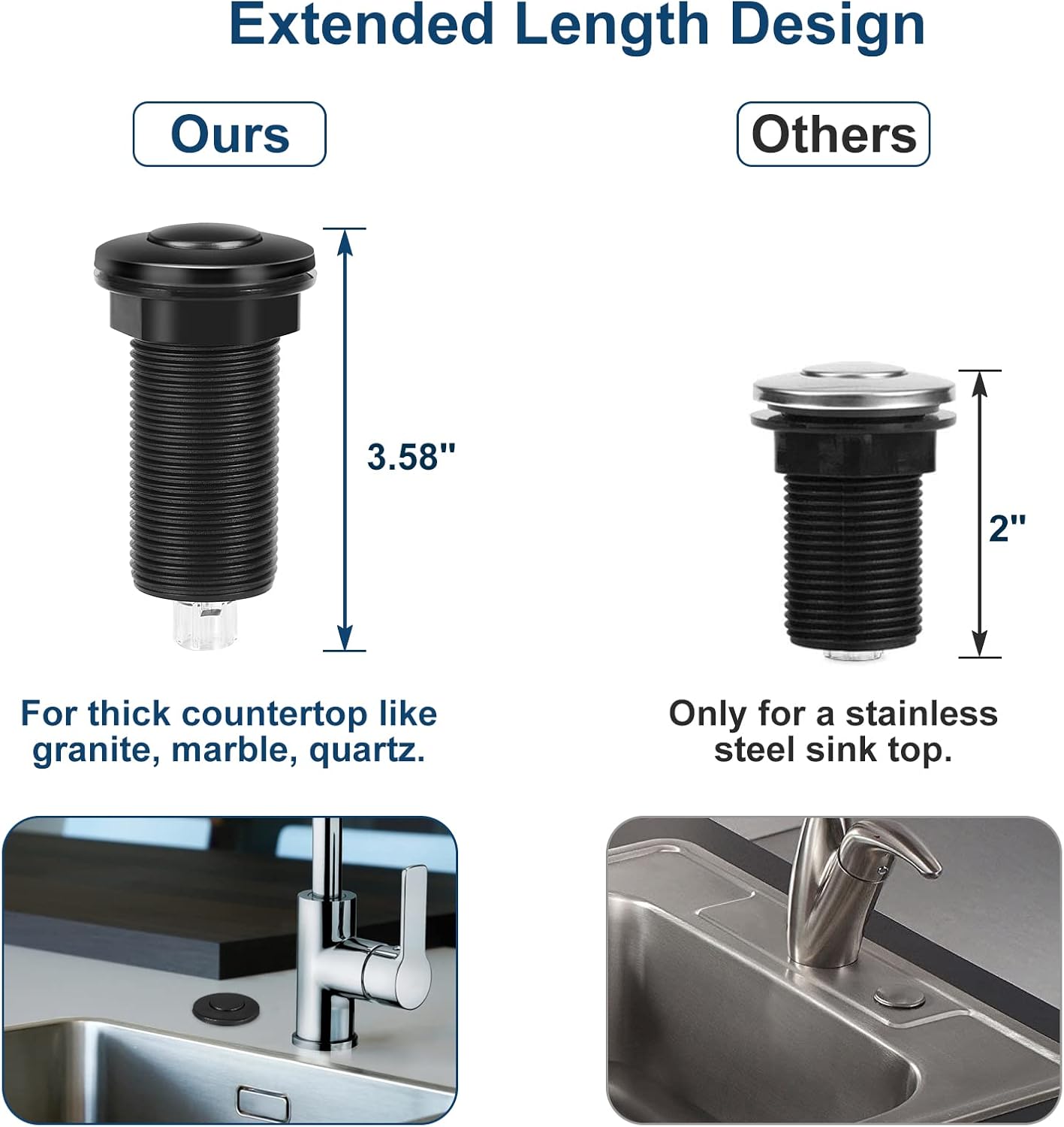 Dual Outlet Garbage Disposal Air Switch Kit, UL Listed Sink Top Air Switch for Food Waste Disposal, 3.58” Extra Long Air Button, Black Stainless Steel