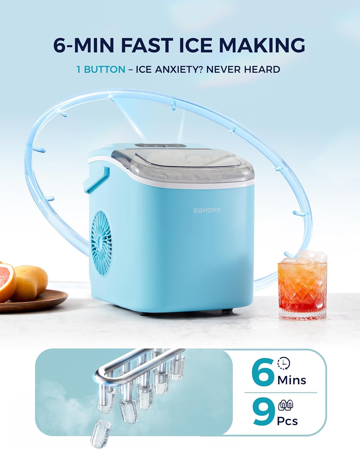 EUHOMY Countertop Ice Maker Machine with Handle, 26lbs Per Day, 9 Ice Cubes Ready in 6 Mins, Auto-Cleaning Portable Ice Maker with Basket and Scoop, for Home/Kitchen/Camping/RV (Blue)