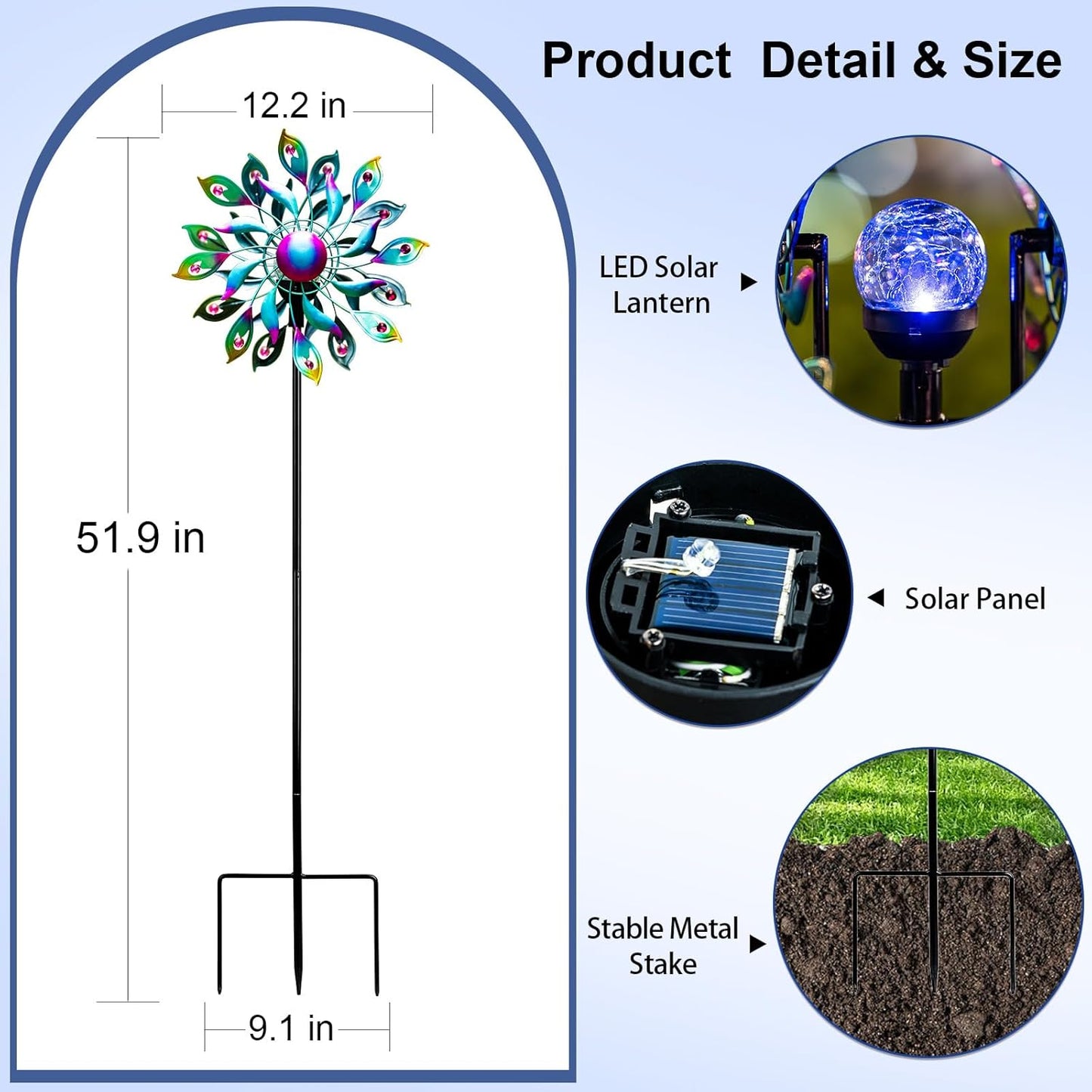 360°Peacock Solar Wind Spinner with Lights Blue Metal Garden Outdoor Decor Yard Lawn Art Decor for Patio Kinetic Windmills Unique Gifts for Friends and Family 51.9' H x 12.2'' Dia