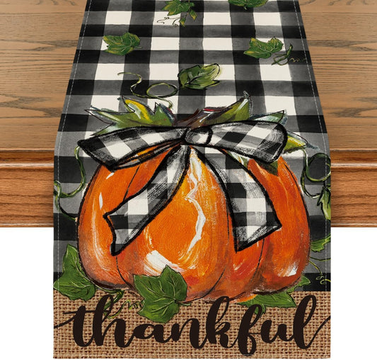 Artoid Mode Buffalo Plaid Bowknot Pumpkin Thankful Fall Table Runner, Autumn Thanksgiving Kitchen Dining Table Decoration for Home Party Decor 13x48 Inch