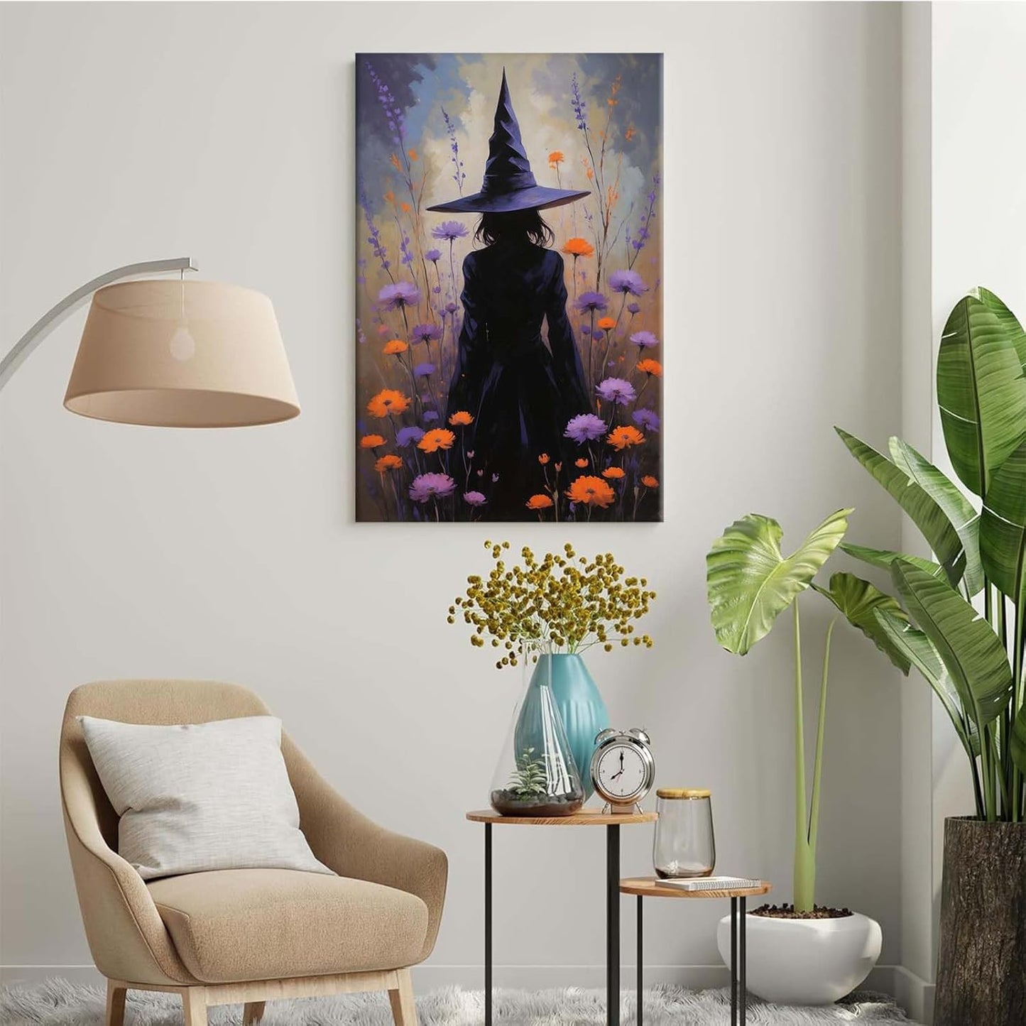 Country wildflower witch canvas print halloween mashup art witch purple decoration bohemian elegant art poster16x24in Wood Framed