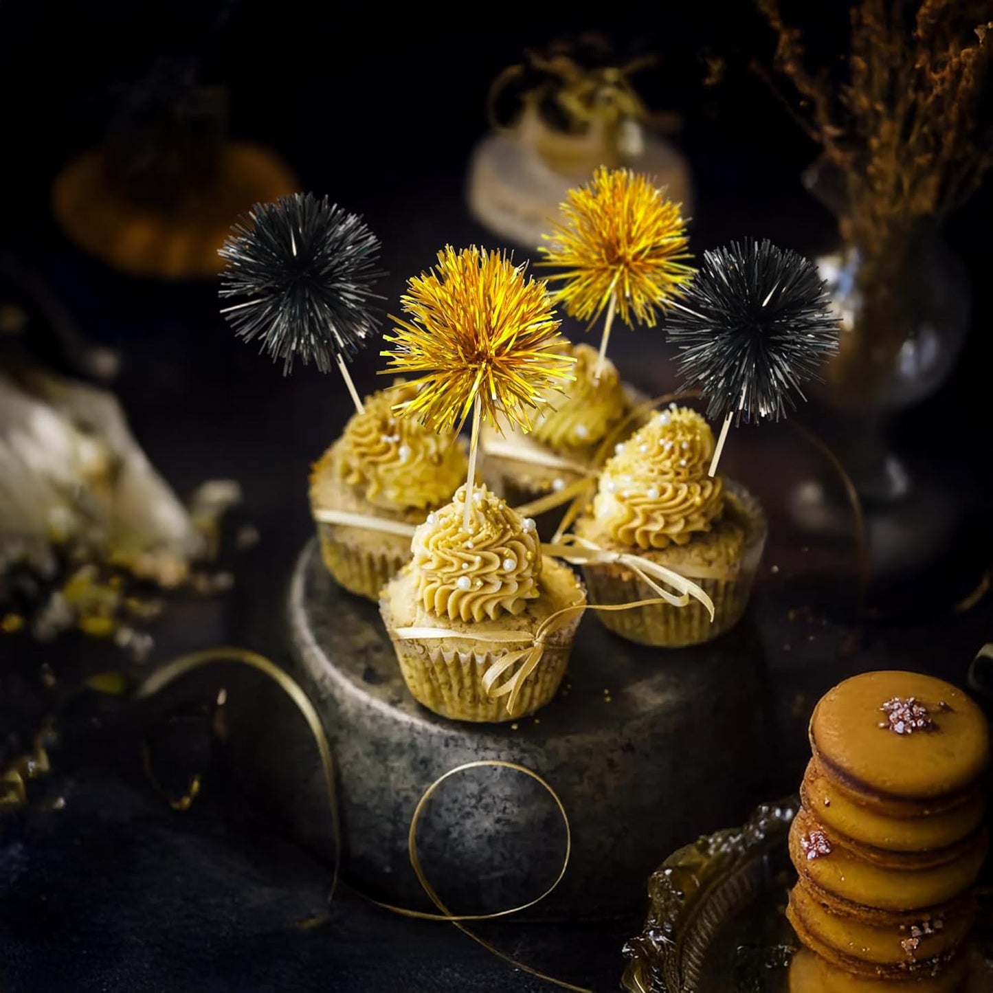 Ephlyn 30Pcs Foil Firework Cupcake Toppers Sparkle Tinsel Cupcake Picks Happy Birthday Cake Decorations Drink Stirrers Cocktail Food Toothpicks for Baby Shower Graduation Party Supplies Black Gold