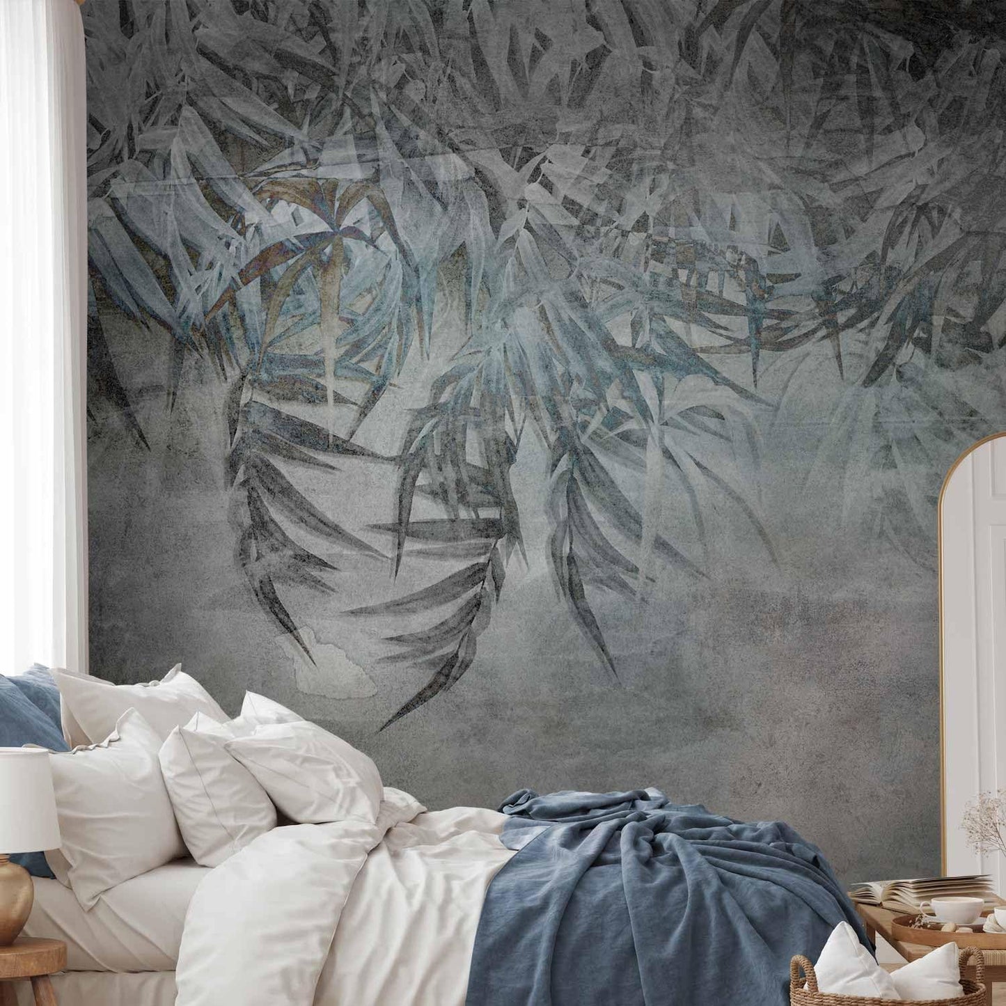 artgeist Wall Mural Leaves 98x69 in - XXL Non-Woven Wallpaper Fleece Wall Decor Photo Print Picture Image Design Palm Leaves Concrete Nature Grey b-C-10103-a-a