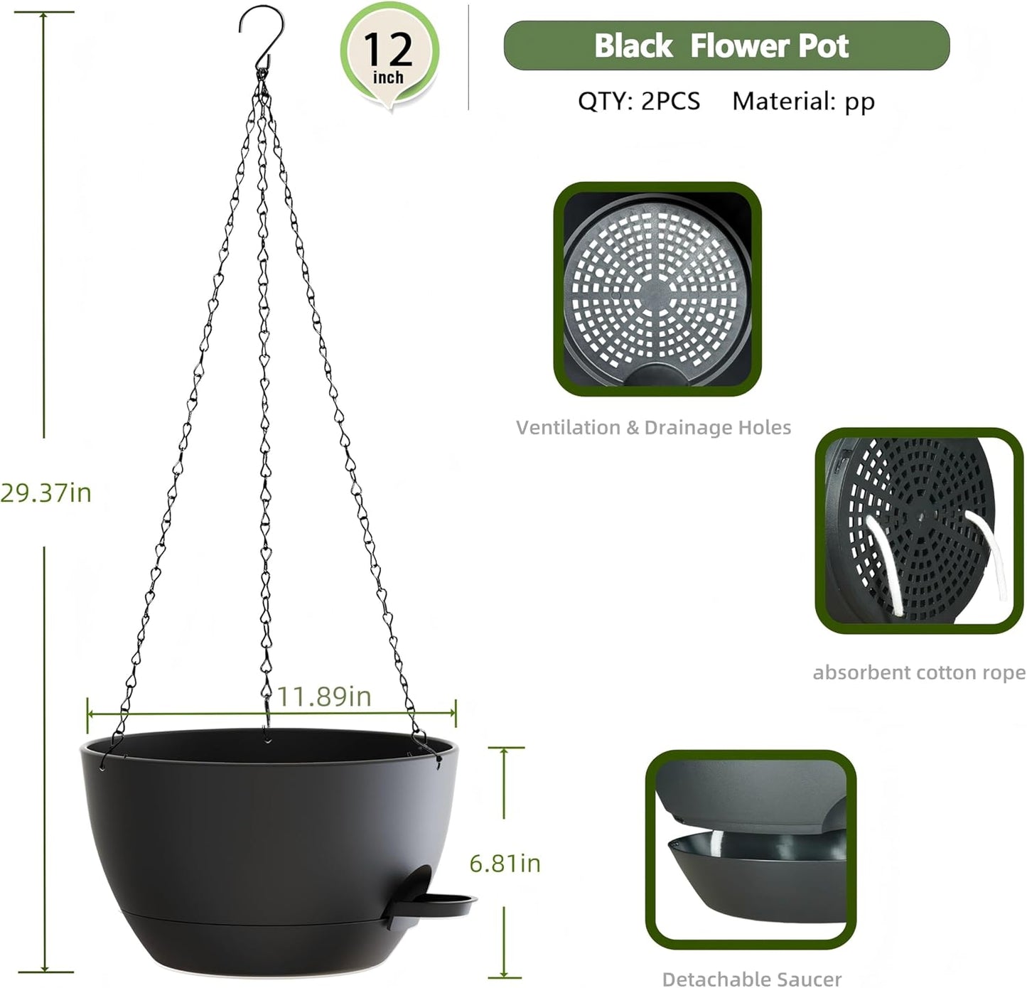 12 Inch Hanging Baskets 2 PC with Chains, Self-Watering Hanging Planters for Indoor Outdoor Plants, Plastic Hanging Flower Pots,Black