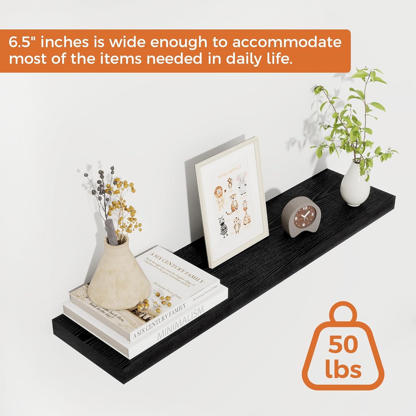 Fun Memories Floating Shelves for Wall, 27.5" Rustic Wood Deep Wall Mounted Shelves with Invisible Brackets for Decor & Storage, Floating Shelf for Living Room, Bathroom (Black, Set of 2)