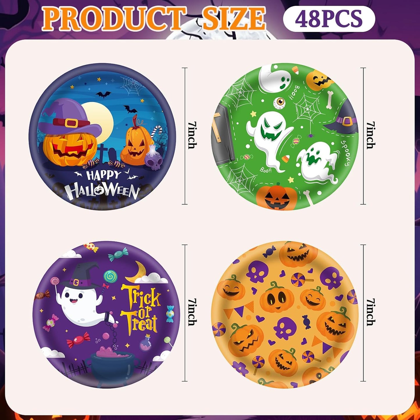 48Pcs Halloween 7inch Paper Plates - Pumpkin Ghost Spooky Dessert Plates for Cake Salad Fruit Disposable Cute Dinner Plates for Halloween Kids Trick or Treat Party Decoration, 4 Styles