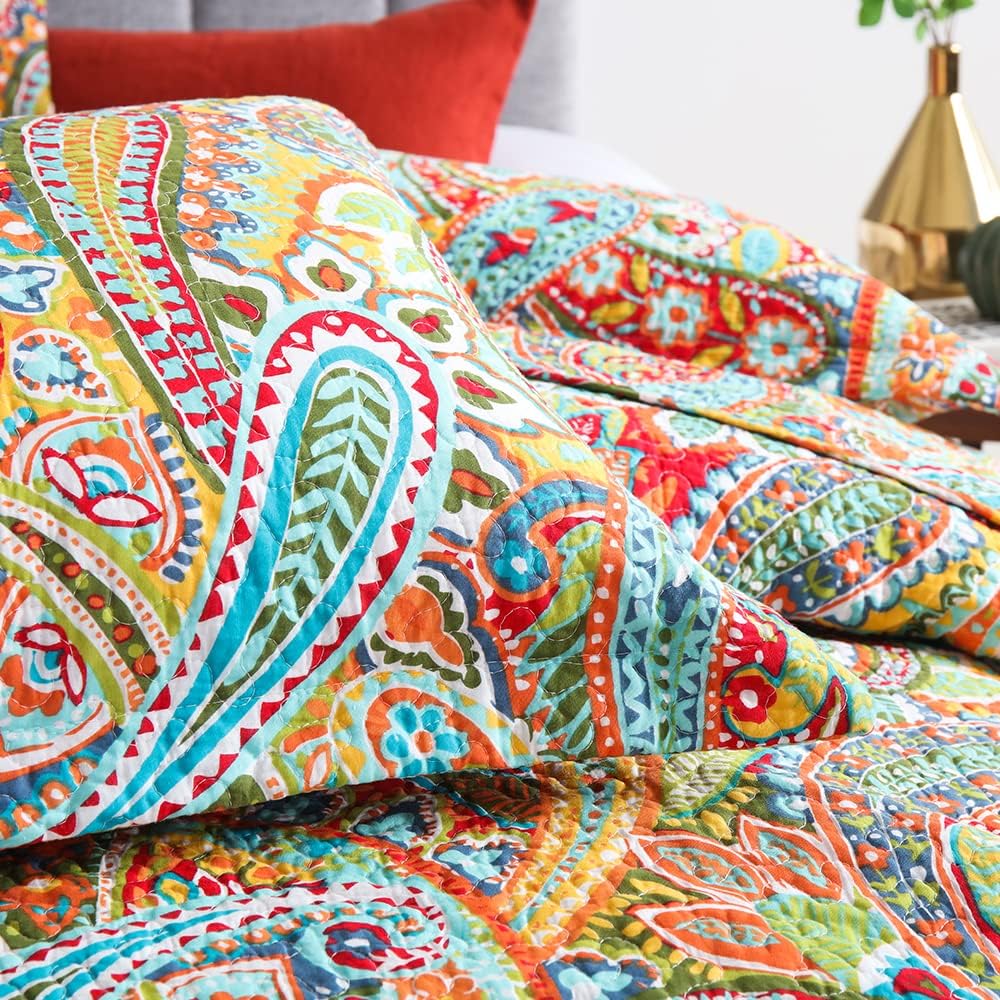 Autumn Dream Cotton Bedspread Quilt Sets, 3 Pieces Reversible Comforter Coverlet Sets, Yellow Gorgeous Paisley,Queen Size