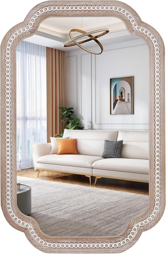 36x24'' Boho Decorative Wall Mirrors with Beaded, Wooden Scalloped Bathroom Mirrors for Over Sink, Farmhouse Style for Bedroom, Living Room, Entryway - Vertical/Horizontal Hanging