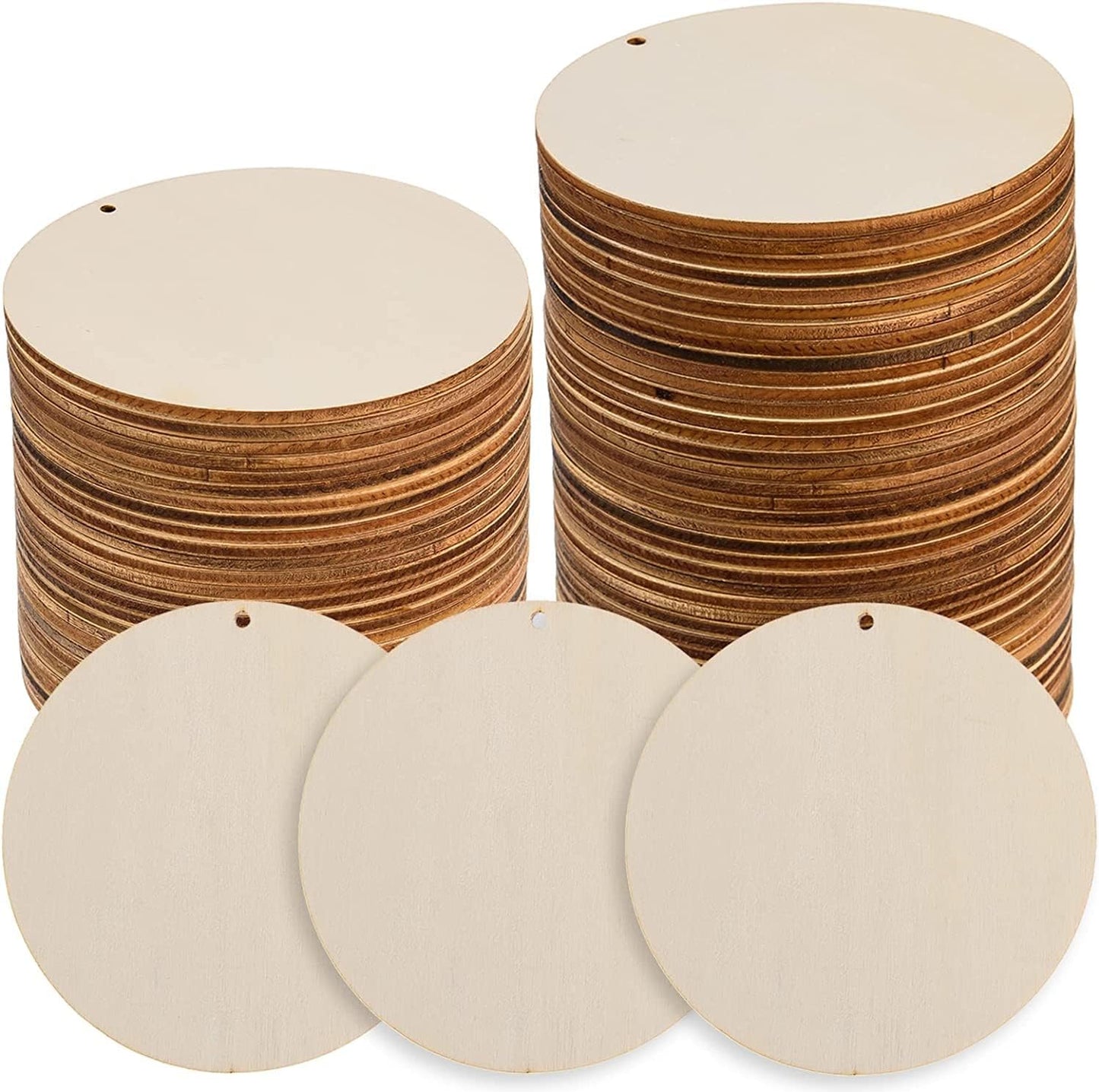 120 Pcs 4 Inch Unfinished Rounds Wood Circles with Holes Wooden Tags Round Wood Discs Cutouts for Crafts Natural Blank Wooden Circle Ornaments Hanging Tags for DIY Crafts, Party, Christmas, Home Decor