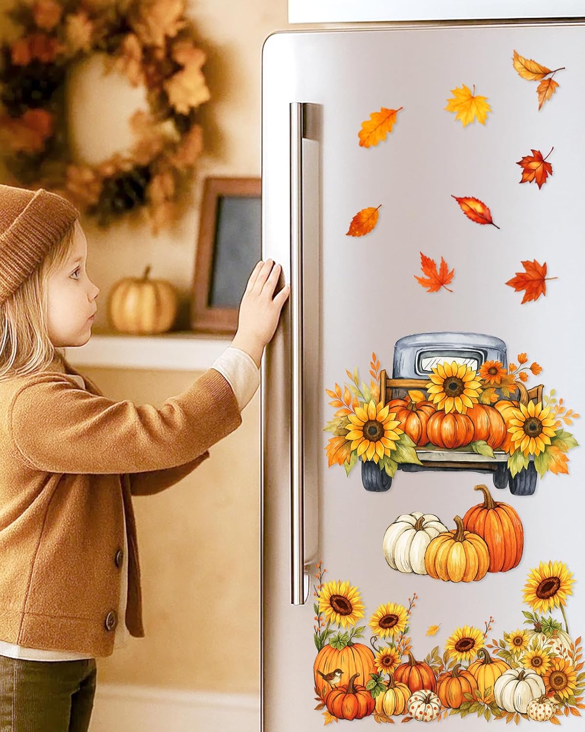 Fall Window Clings - 9 Sheets 116 Pcs Fall Decorations for Autumn Thanksgiving Harvest Home Party, Pumpkin Leaves Truck Maple Sunflowers Stickers for Glass, Double-Sided Static Window Decals