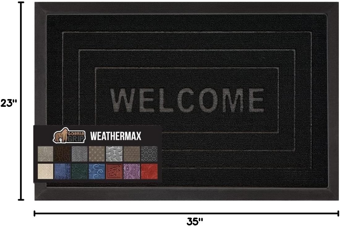 GORILLA GRIP 100% Waterproof All-Season WeatherMax Doormat 35x23, US Designed Natural Rubber, Stain and Fade Resistant, Low Profile Indoor Outdoor Door Mats, Easy Clean Patio Mat, Black Welcome