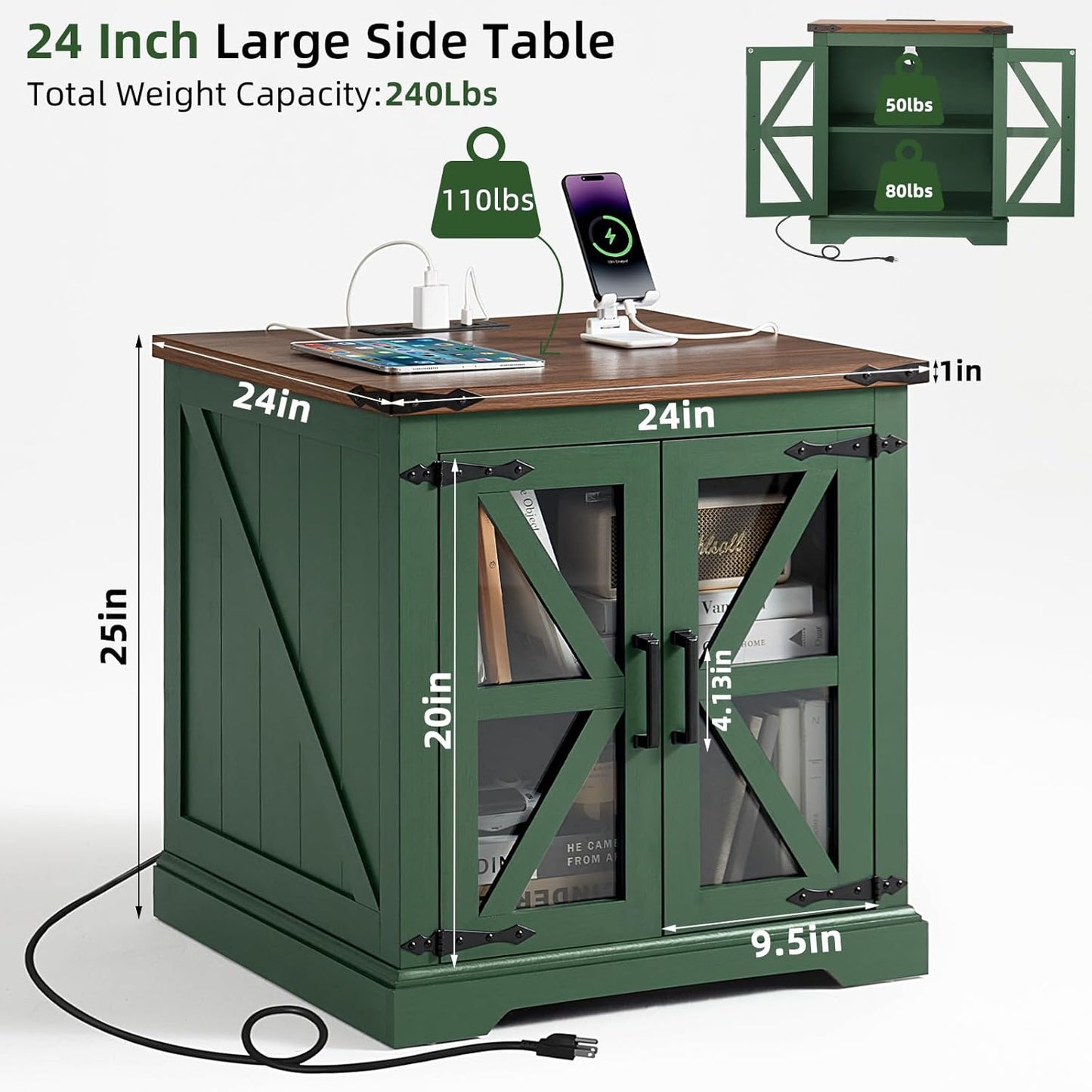 24" End Table with Charging Station, Farmhouse Night Stand with Glass Barn Door, Green Nightstands with Adjustable Storage Shelf, Large Wood Square Bed Side Table for Living Room, Bedroom