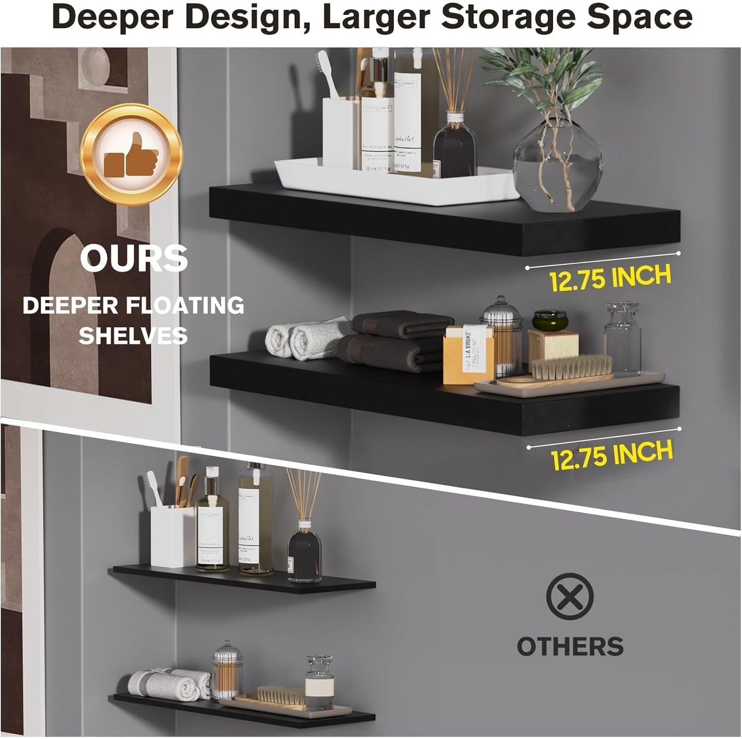 Floating Shelf, Set of 2 Wall Shelf, 36 in W x 12.75 in D x 2 in H Wooden Floating Wall Shelf with Invisible Brackets for Living Room/Bedroom/Bathroom/Kitchen Storage and Decor, Black