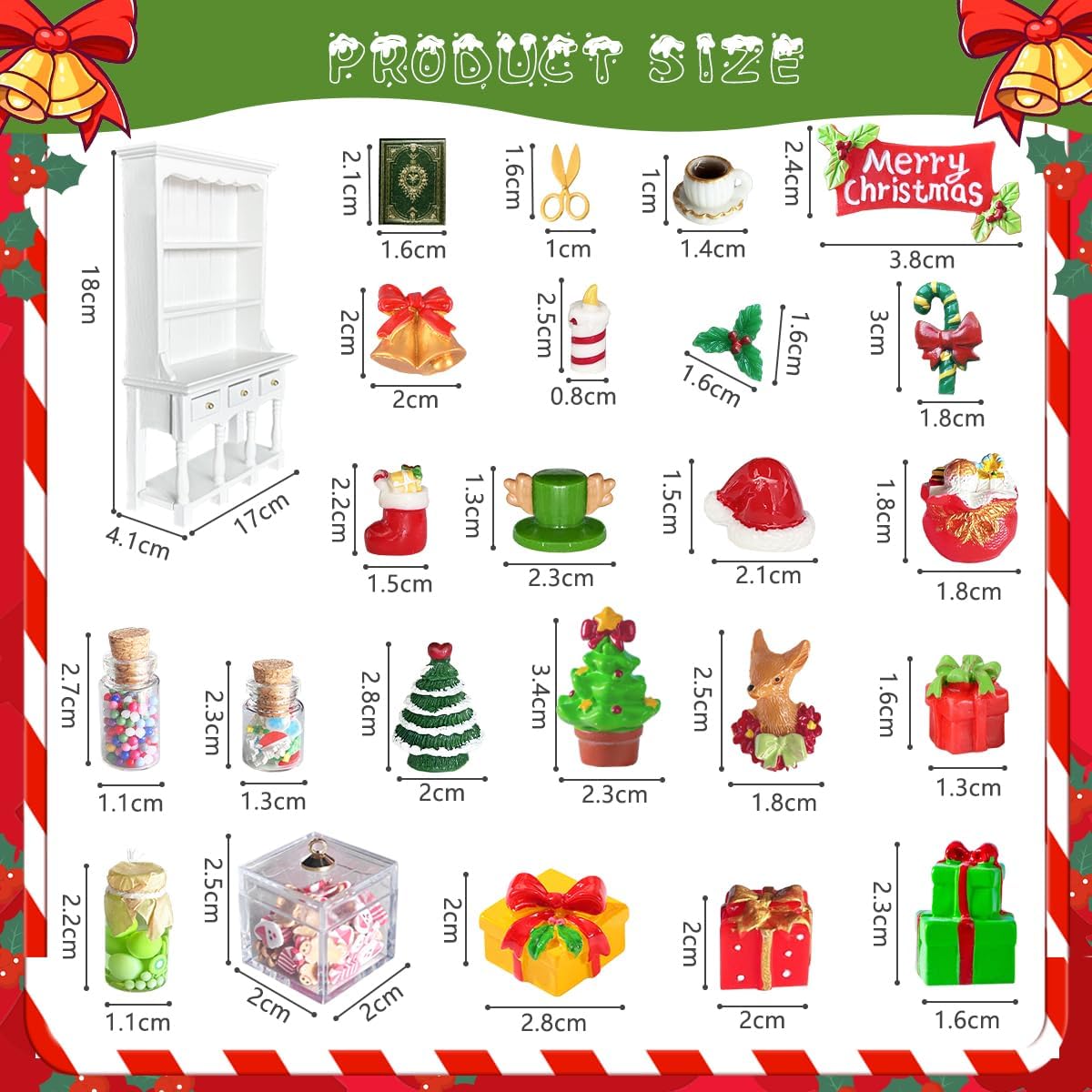 Dollhouse Miniatures Accessories 1/12 Scale, 34pcs White Wooden Bookshelf Furniture Kit - Mini Books&Gift Boxes, Candy Jars, Christmas Tree&hat, Dollhouse Christmas Decorations for Kids