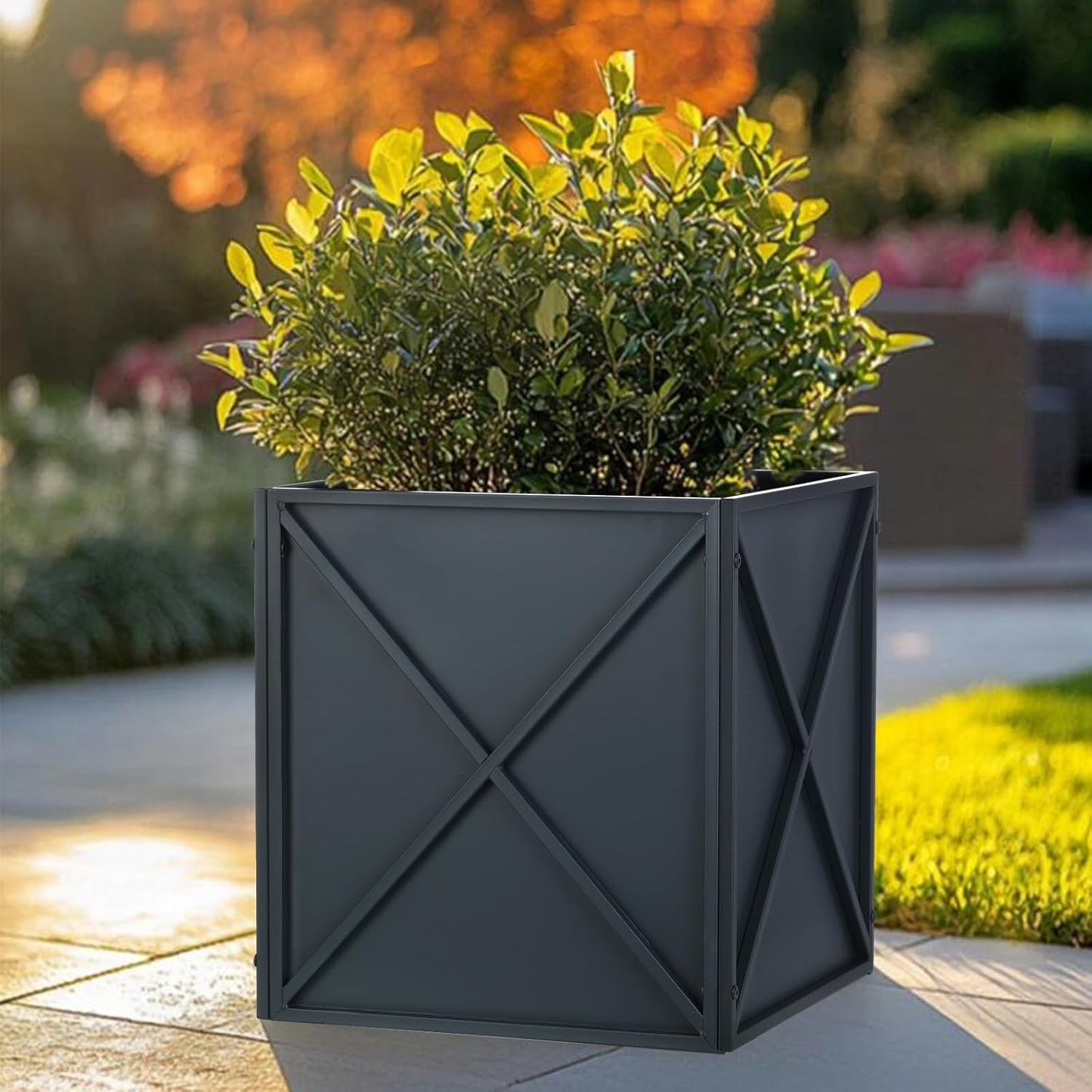 BAYN Metal Square Planter Box Tall Planters for Outdoor Plants Modern Heavy Duty with Drainage Holes for Outside Indoor Patio Deck - Grey, 17”x 17”x 18”