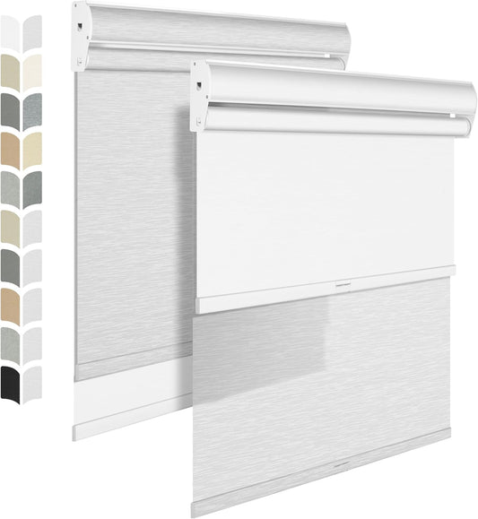 BERISSA Cordless Dual Roller Shades with Cassette Valance, Double Window Shades - Blackout and Light Filtering, Day and Night for Home Office Door. Striped Jacquard White - 36 W x 86" H