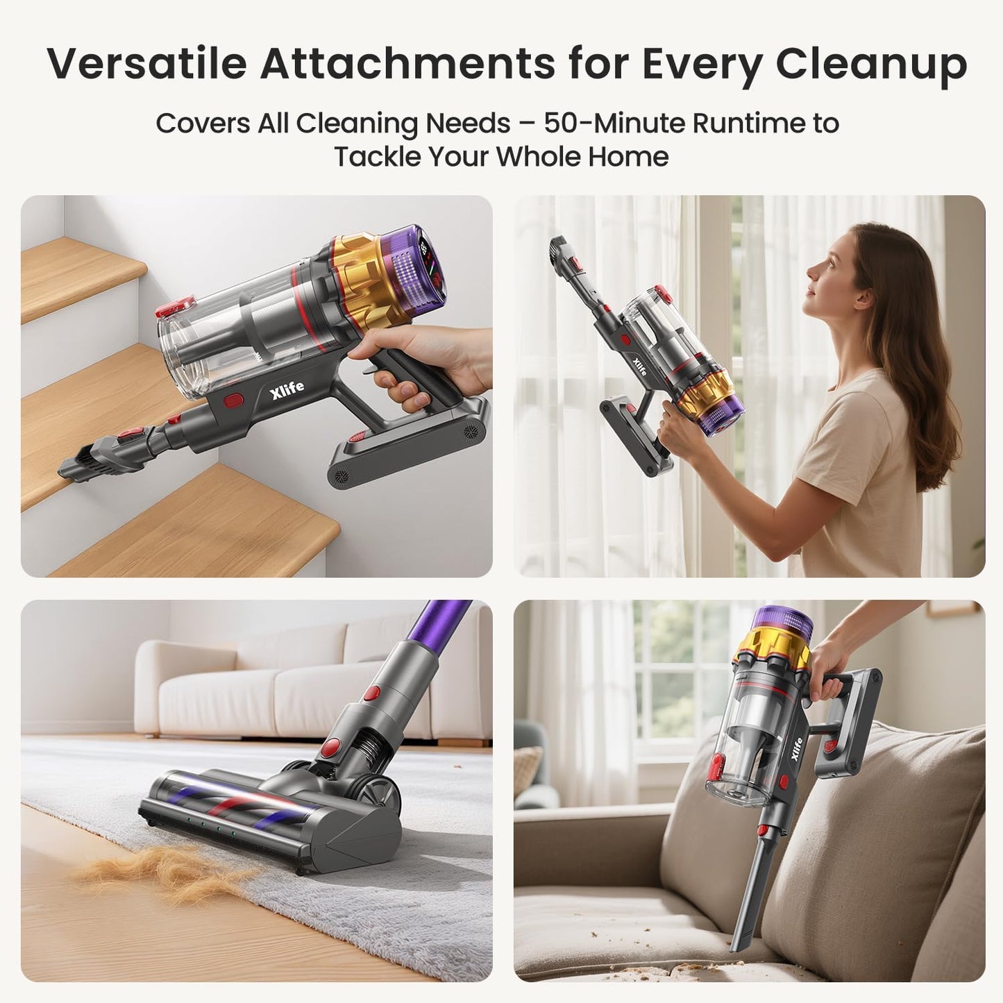 Xlife 550W Cordless Vacuum Cleaner 48KPa Powerful Suction, Long Runtime, Green Light Dust Detection, Adjustable Stick, Tangle-Free Brush for Pet Hair/Carpet/Hardwood Floors-P12