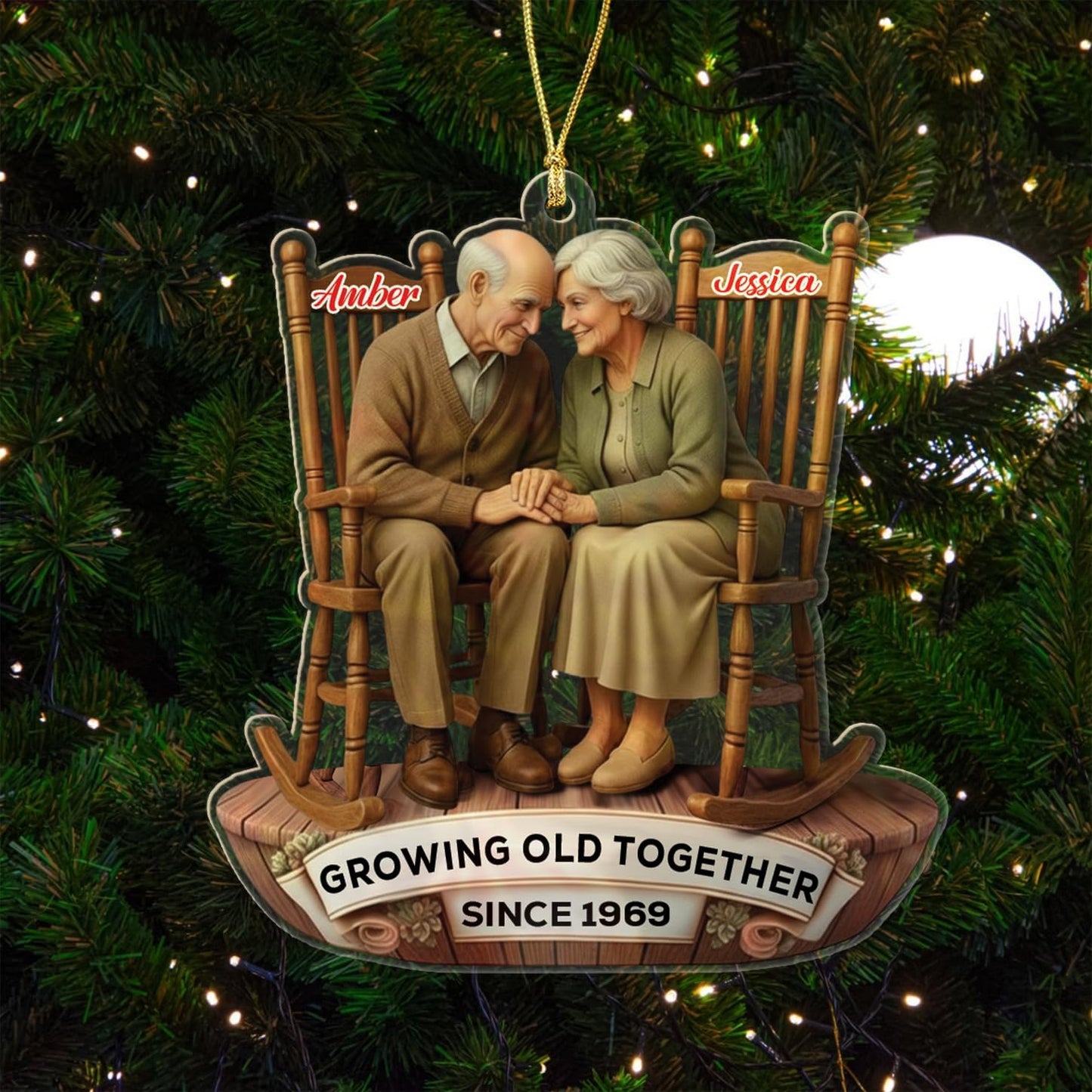 Custom Old Couple Sitting On Rocking Chairs Growing Old Together Since Christmas Ornament 2025, Personalized Year & Names Mr & Mrs Ornament Gift for Grandparents Grandpa Grandma/Husband Wife Dad Mom