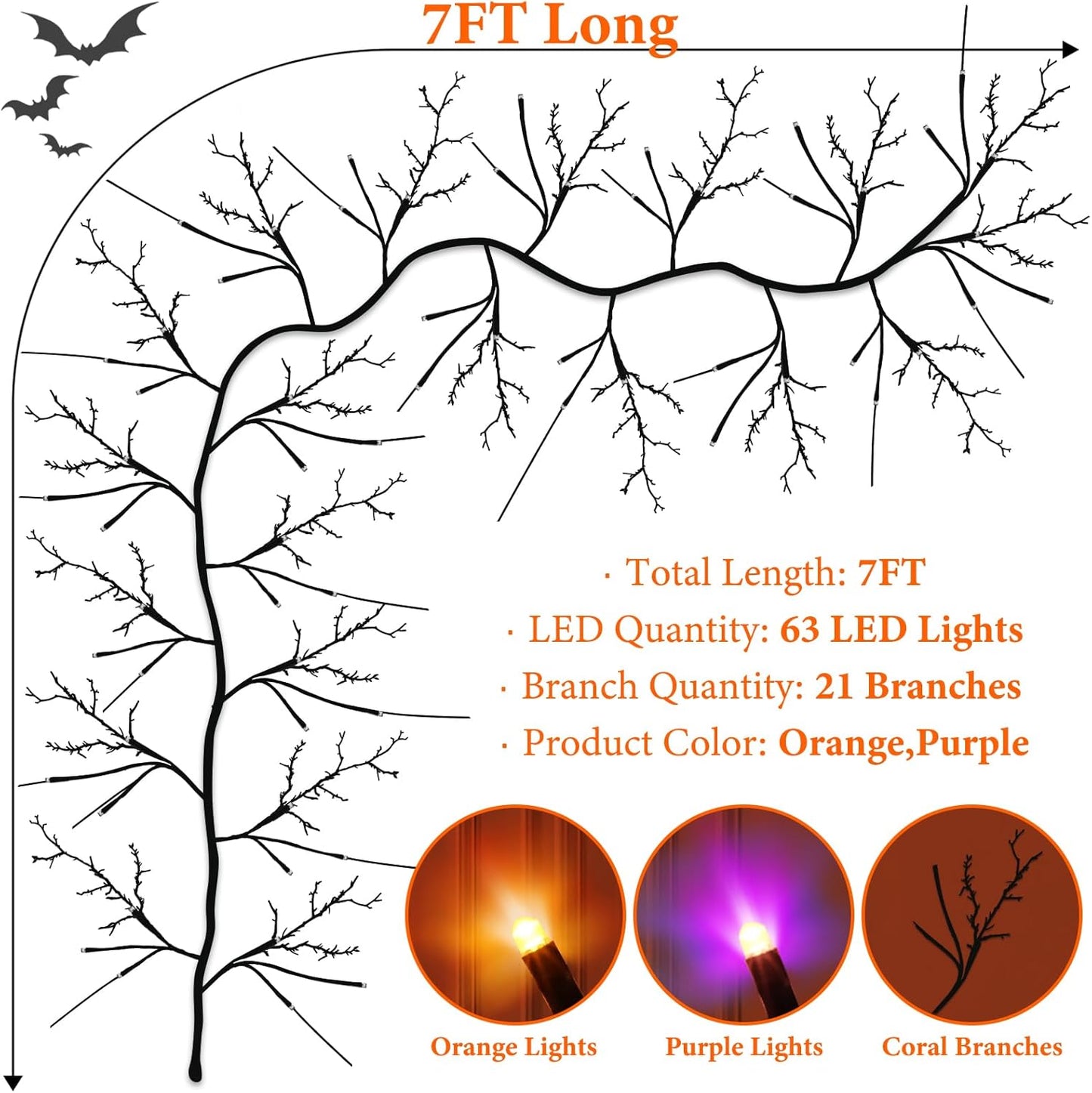 7 Ft Halloween Decorations Willow Vine Twig Garland with 8 Modes Timer 63 LED Orange Purple Lights, Halloween Garland with Waterproof Battery Operated for Wall Fireplace Decorations Indoor Outdoor