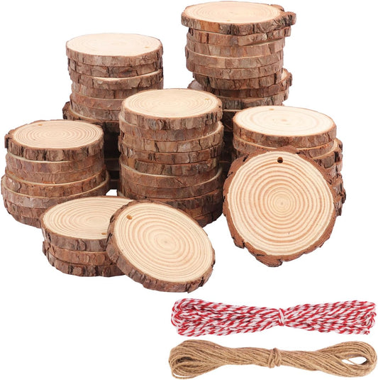 60 PCS 3.2-3.6inch Unfinished Wood Slices, Natural Wood Slices, Predrilled with Hole Wood Slice for DIY Arts Craft Christmas Ornaments
