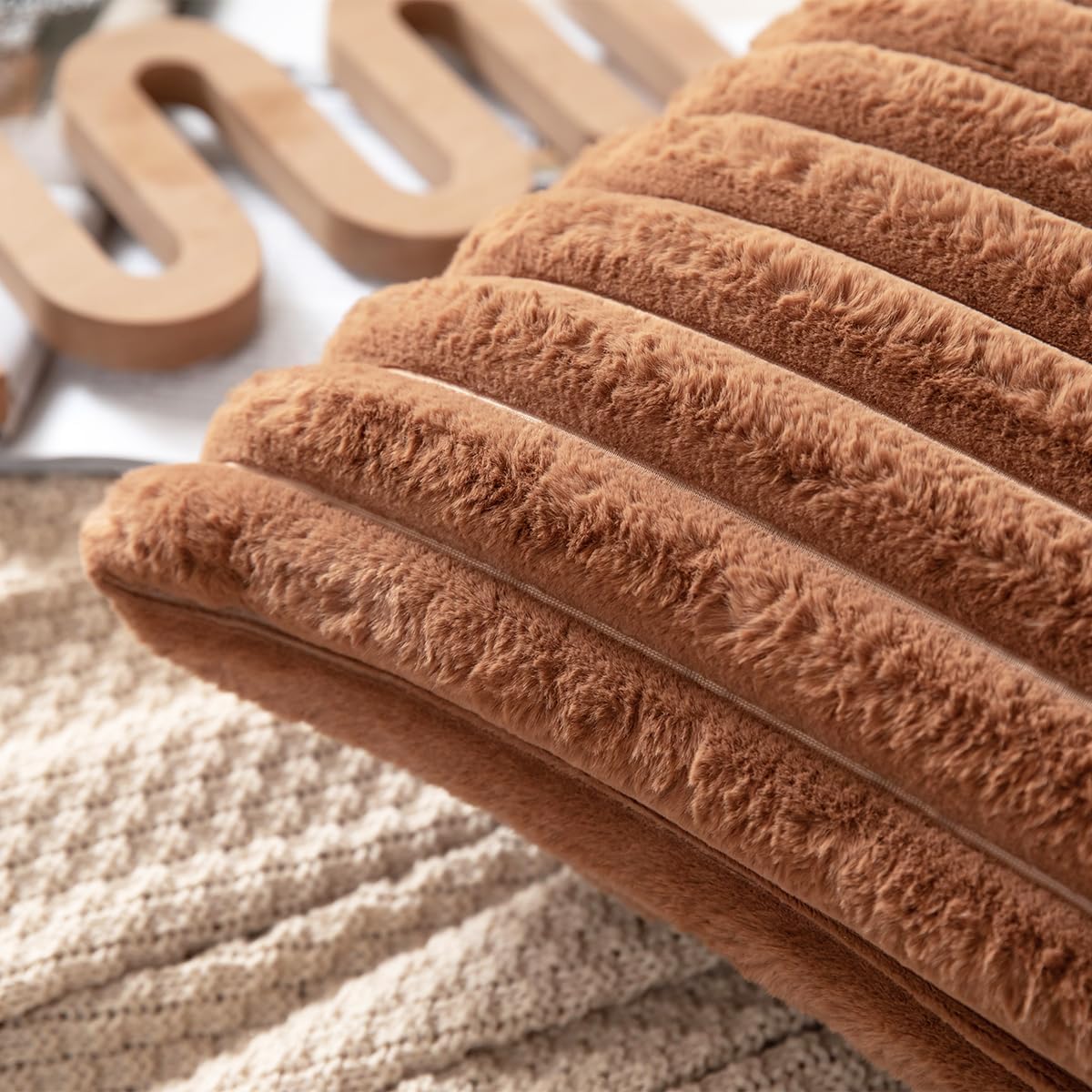 DEELAND Pack of 2,Double-Sided Faux Fur Plush Decorative Throw Pillow Covers Fuzzy Striped Soft Pillowcase Cushion Covers for Sofa Couch Bedroom Brown 22x22 inch