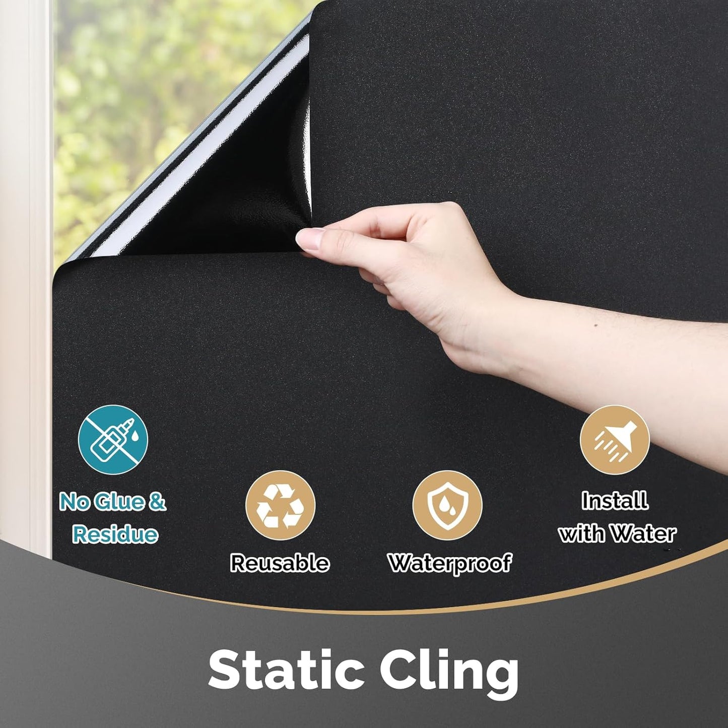 DOWELL Blackout Window Film, 100% Light Sun Blocking Static Cling Frosted Privacy Film for Glass, Heat Control Removable Window Tint, Room Darkening Cover for Day Sleep, Black, 35.4" x 118"