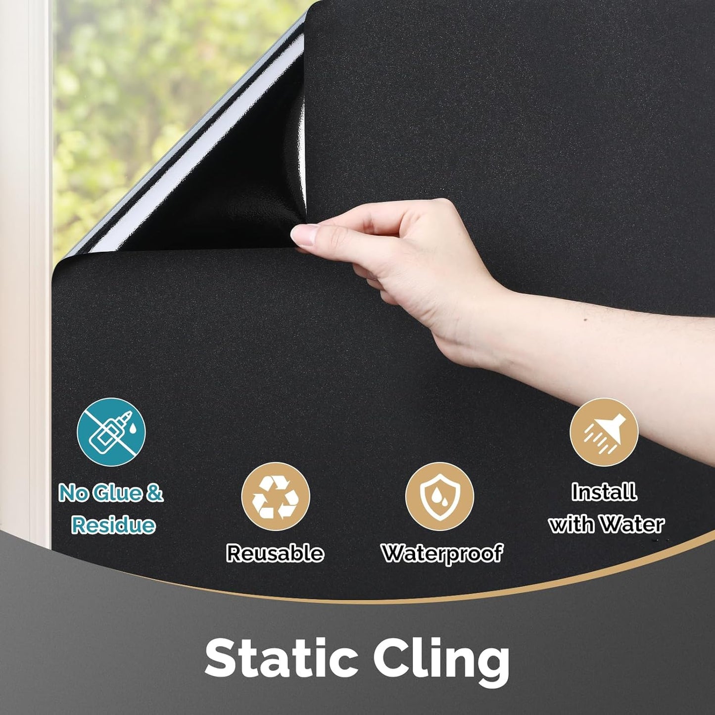 DOWELL Blackout Window Film, 100% Light Sun Blocking Static Cling Frosted Privacy Film for Glass, Heat Control Removable Window Tint, Room Darkening Cover for Day Sleep, Black, 17.5" x 118.1"