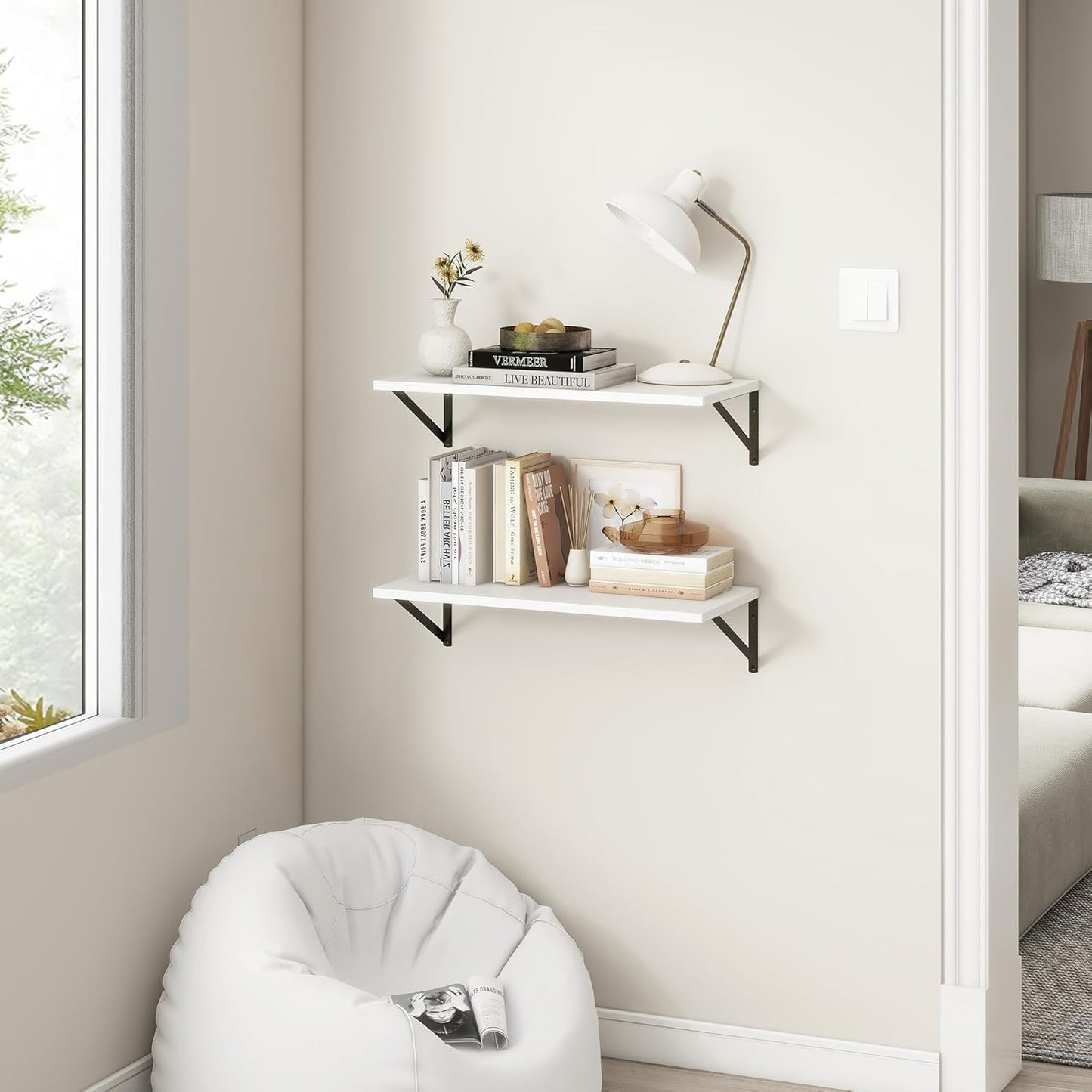 Fun Memories 27.5" W x12 D Floating Shelves, White Wall Shelf with Brackets, 12 Inch Deep Floating Shelf Set of 2, Large Storage Kitchen Living Room Bathroom Shelves, Wood Wall Mounted Shelf