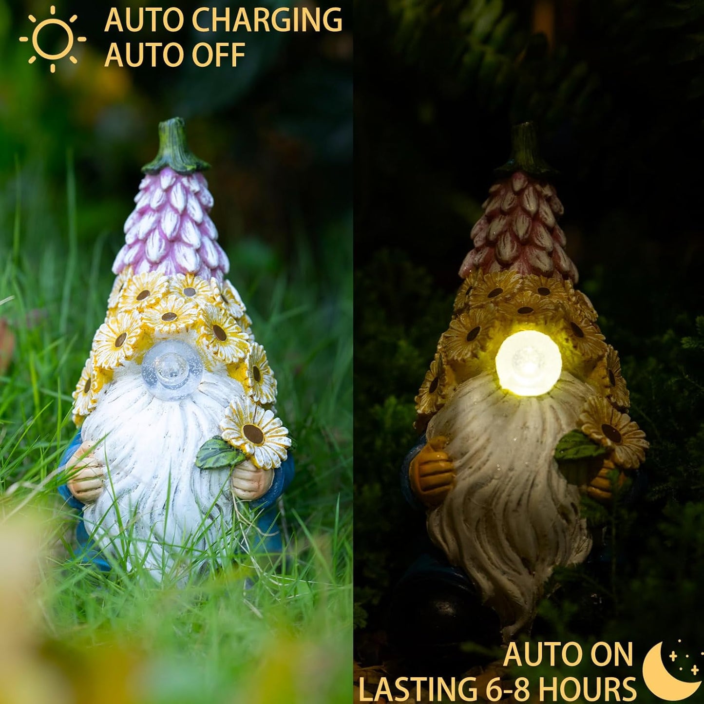 Garden Gnome Statue - Resin Gnome Figurine，with Solar LED Lights, Outdoor Decorations Art Sculpture for Patio Yard Lawn Garden Decor Lawn Ornaments Gnomes Gifts，7.68''