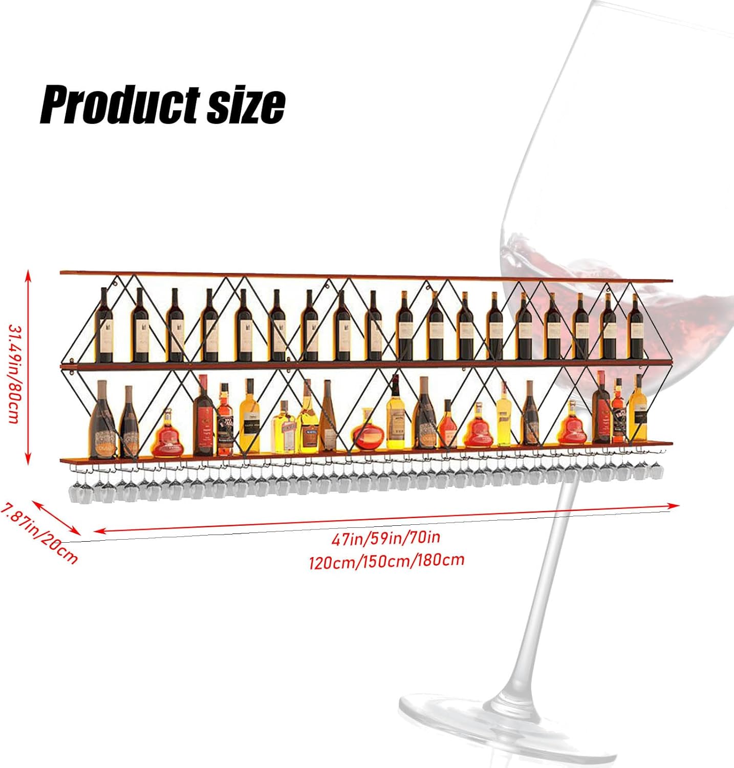 142in Wine Rack Wall Mount with Glass Holder, DIY Floating Wine Rack, Multi-Function Bar Wine Bottle Display Rack for Commercial Restaurants, Tea Rooms, Bars, Wine Cellars (black, 142in/360cm)
