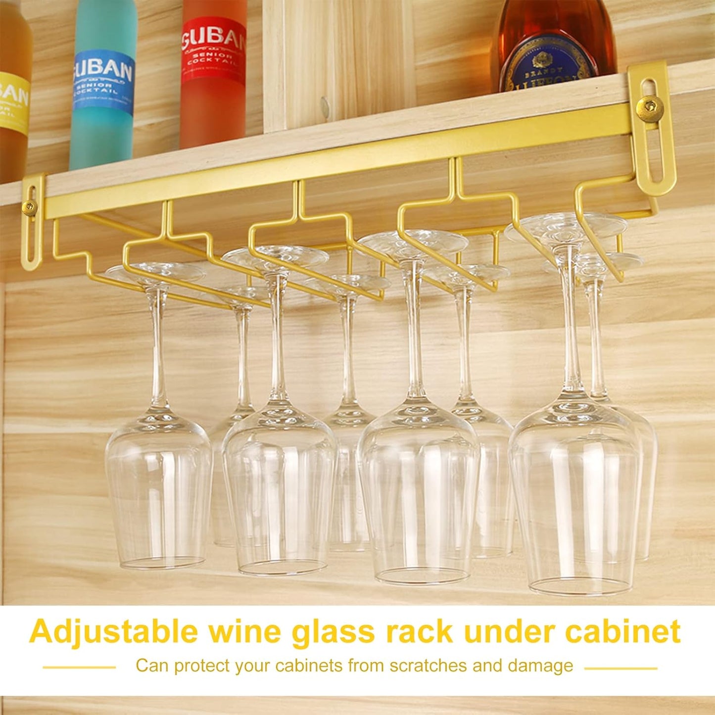 AUHOKY Adjustable Wine Glass Holder Under Shelf, Nail Free Metal Stemware Holder Storage Hanger, Hanging Wine Glasses Rack Organizer Under Cabinet Mount for Bar Kitchen (4 Rows, Gold)