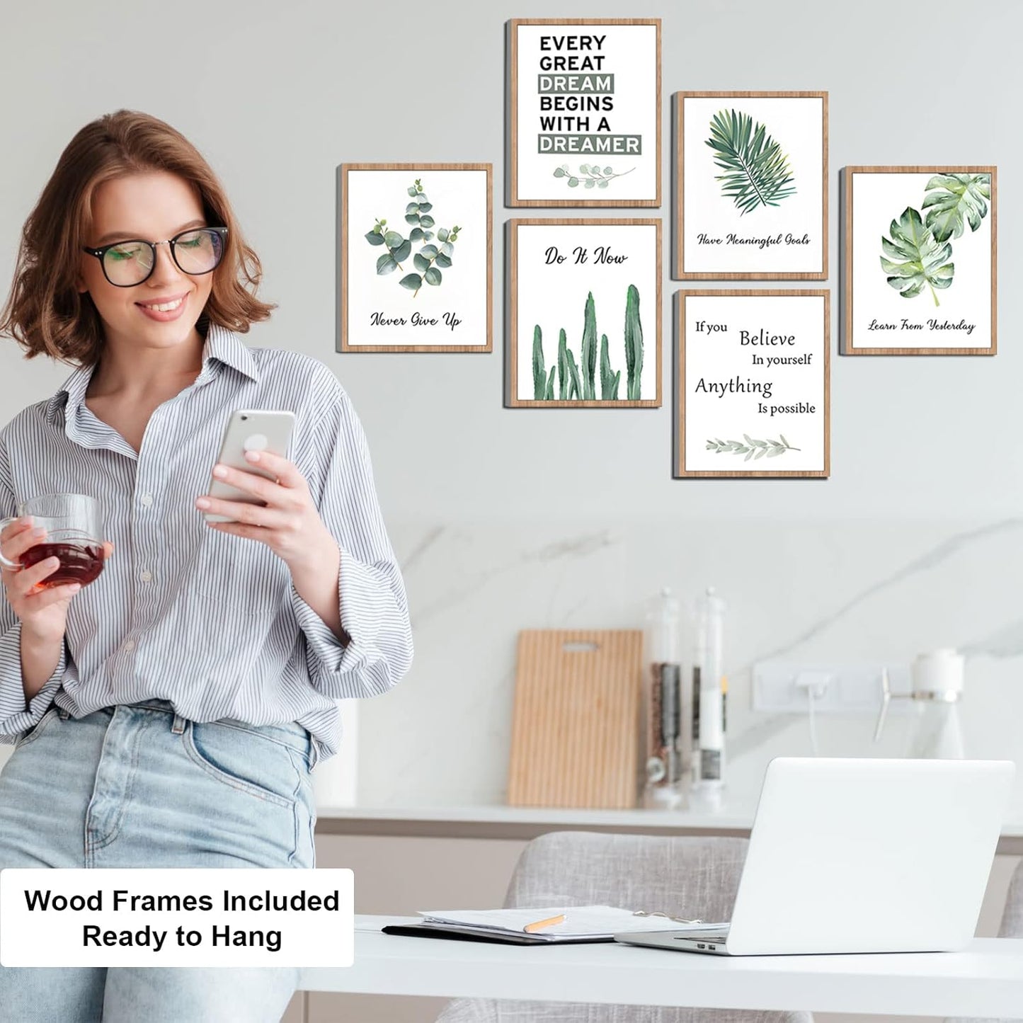 FRAMED Inspirational Wall Decor, Positive Affirmations & Motivational Art for Office, Bedroom & Classroom (Set of 6, 8x10in, Framed)