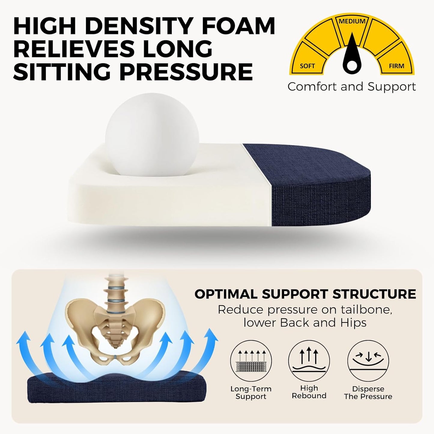 downluxe Indoor Chair Cushions for Dining Chairs, Soft and Comfortable Textured Foam Kitchen Chair Pads with Ties and Non-Slip Backing, 16" x 16" x 2", Navy, 4 Pack