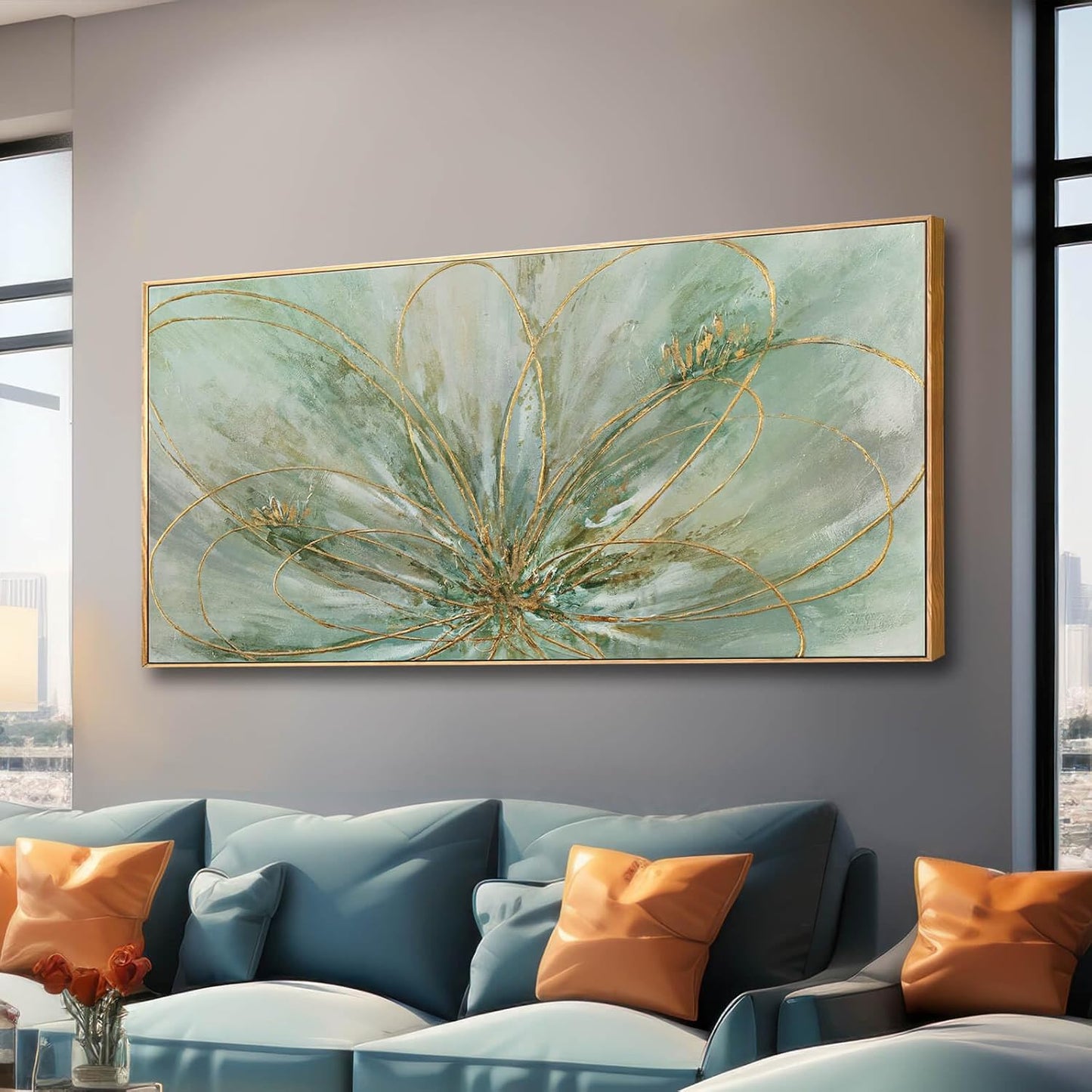 Framed Canvas Prints Gold Line Poster Abstract Wall Ar Green Pictures Wall Decor 29"x 58" Modern Artwork Large Wall Decorations for Living Room Home
