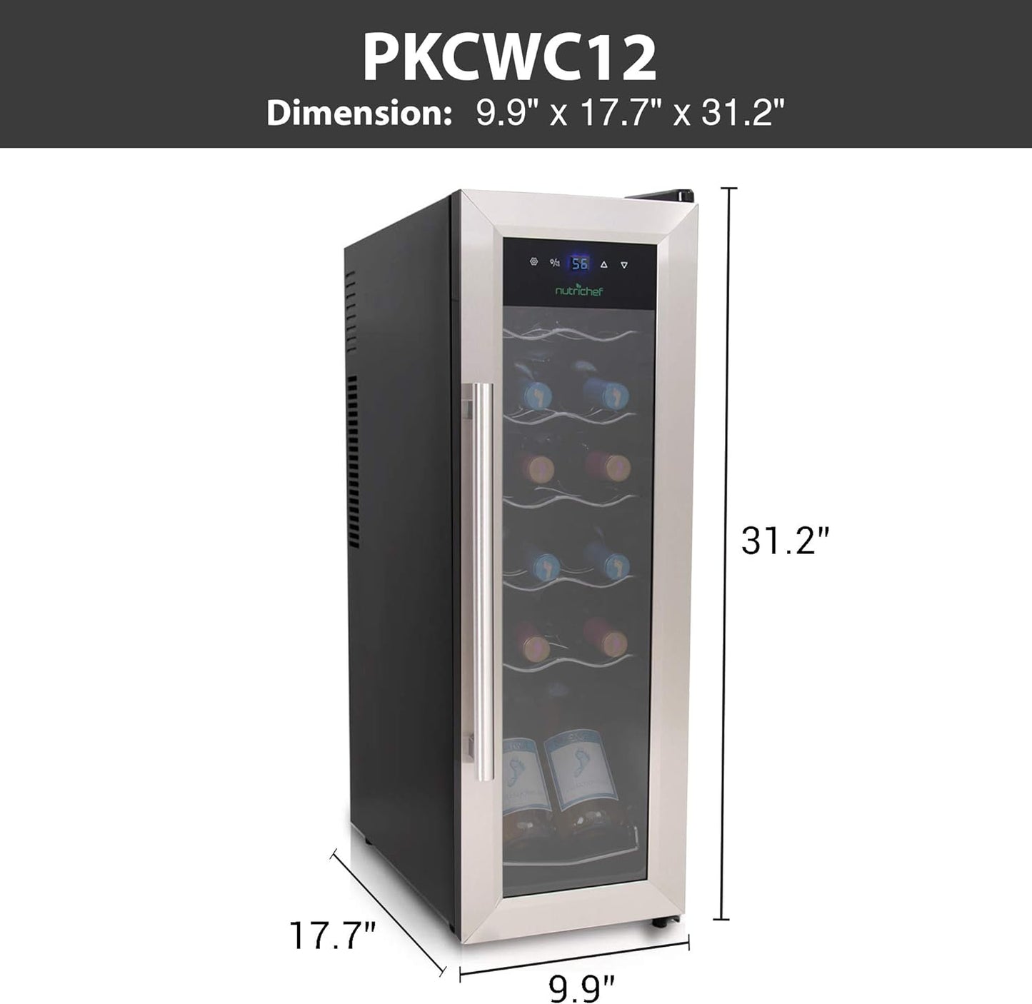 NutriChef PKCWC12 12 Bottle Cooler Refrigerator White and Red Countertop Chiller, Freestanding Compact Mini Wine Fridge with Digital Control, Stainless Steel
