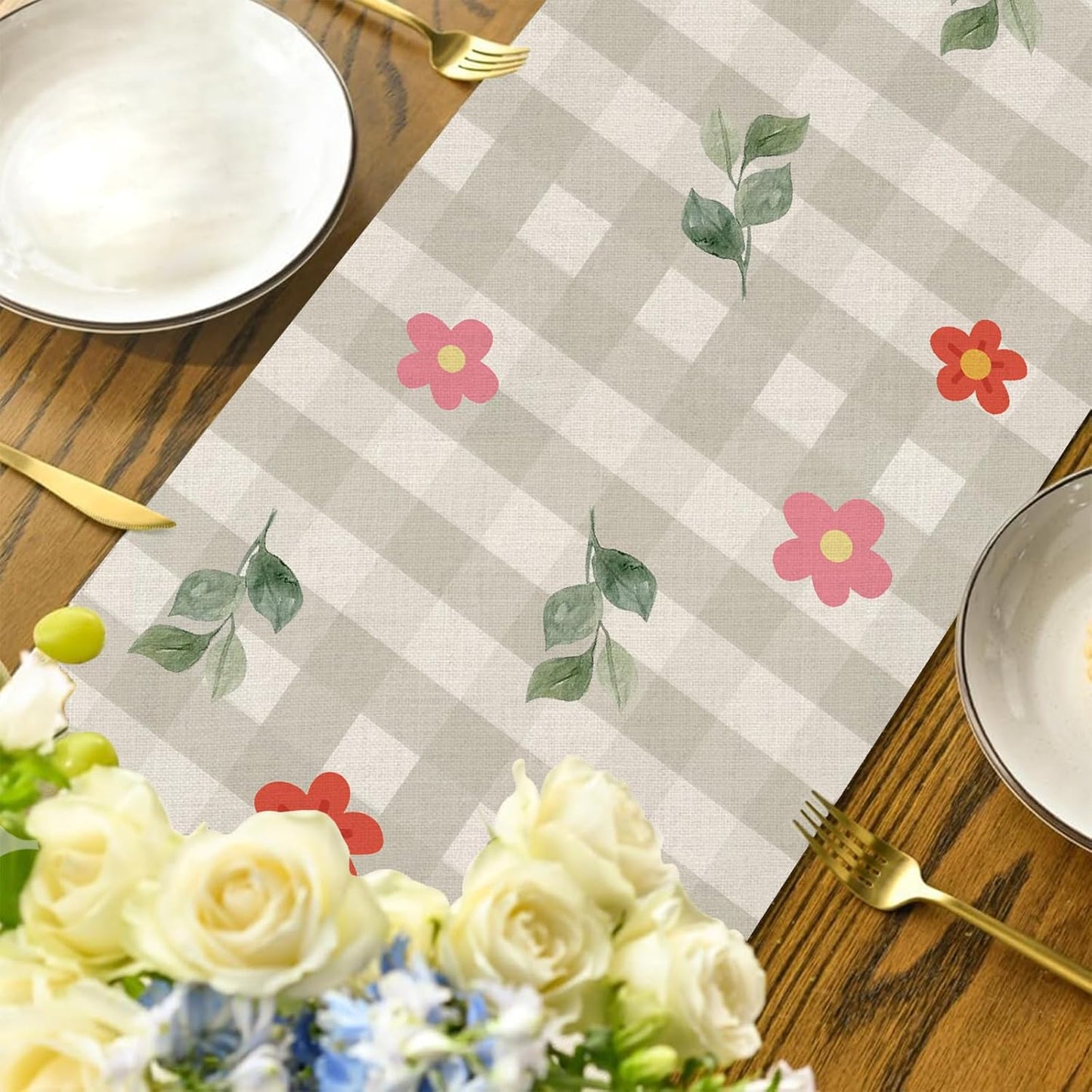 Easter Table Runner 13x72 Inch Bunny Rabbit Flowers Leaves Buffalo Plaid Eggs Seasonal Holiday Kitchen Dining Table Decoration for Indoor Kitchen Dining Home Party Decor