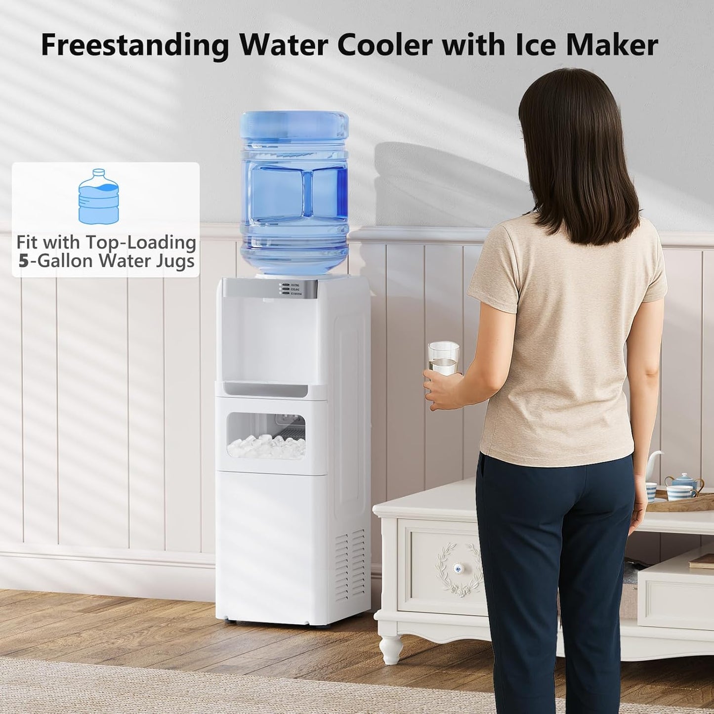 Water Dispenser with Ice Maker Function, Top Loading Hot and Cold Water Cooler for 5 Gallon Bottle - Includes Child Safety Lock - Water Machine for Home, Office, Garage - White