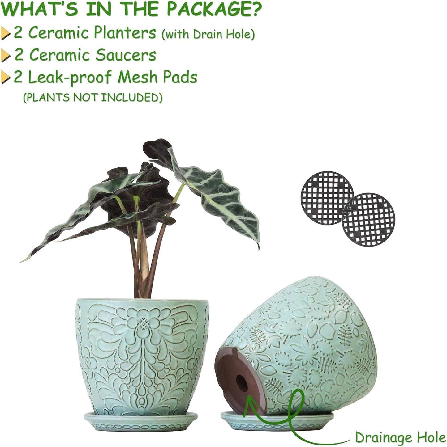 6 Inch Retro Ceramic Planter Set of 2 with Drainage Hole and Saucer for Plants, Indoor-Outdoor Garden Pots for Succulent, Orchid, and Flower (Fits Inner Pots Up to 5 Inches, Retro Green)