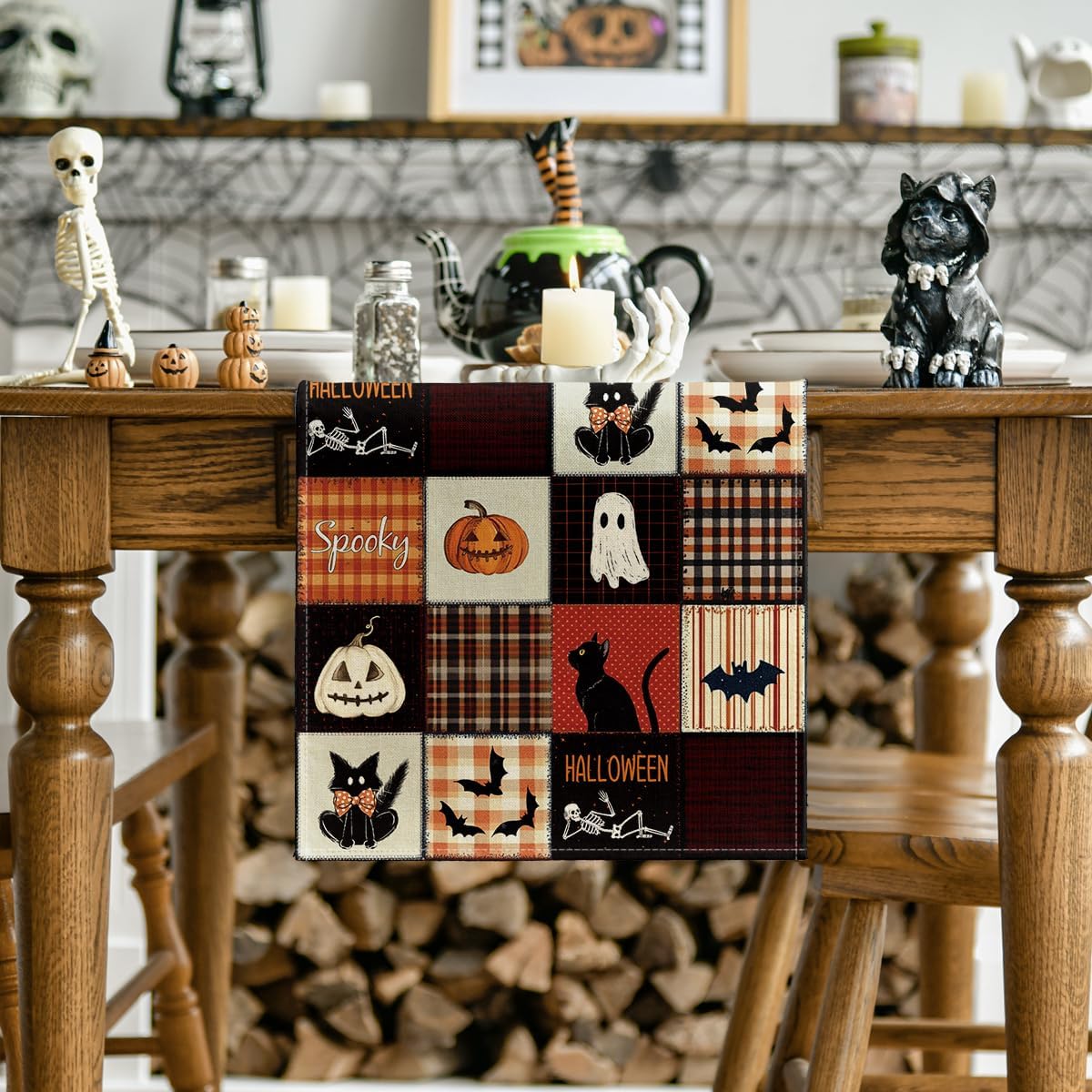 Artoid Mode Black Cat Bat Pumpkin Spooky 210 GSM Halloween Table Runner, Ghost Kitchen Dining Table Decoration for Home Party Decor 13x36 Inch