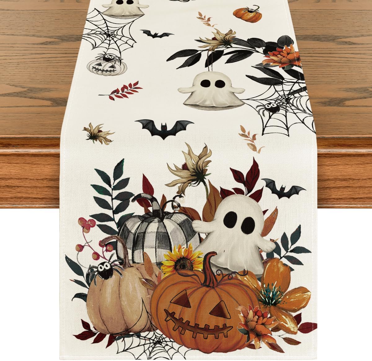 Artoid Mode Pumpkin Ghost Leaves Spider Web 210 GSM Halloween Table Runner, Spooky Kitchen Dining Table Decoration for Home Party Decor 13x120 Inch