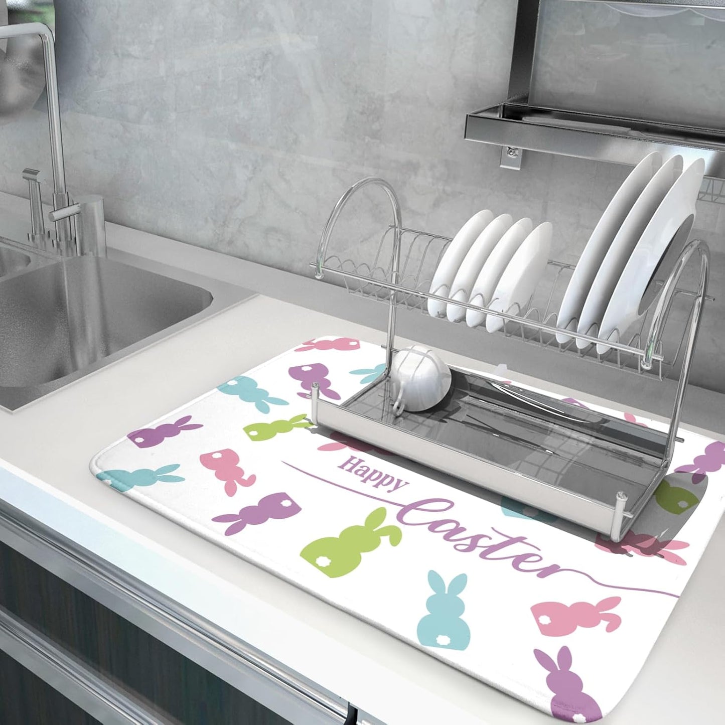 Easter Dish Drying Mat for Kitchen Counter Colorful Bunny Rabbit Festival Holiday Seasonal Absorbent Reversible Microfiber Kitchen Countertop Protector Dishes Pad Large 18x24 inch