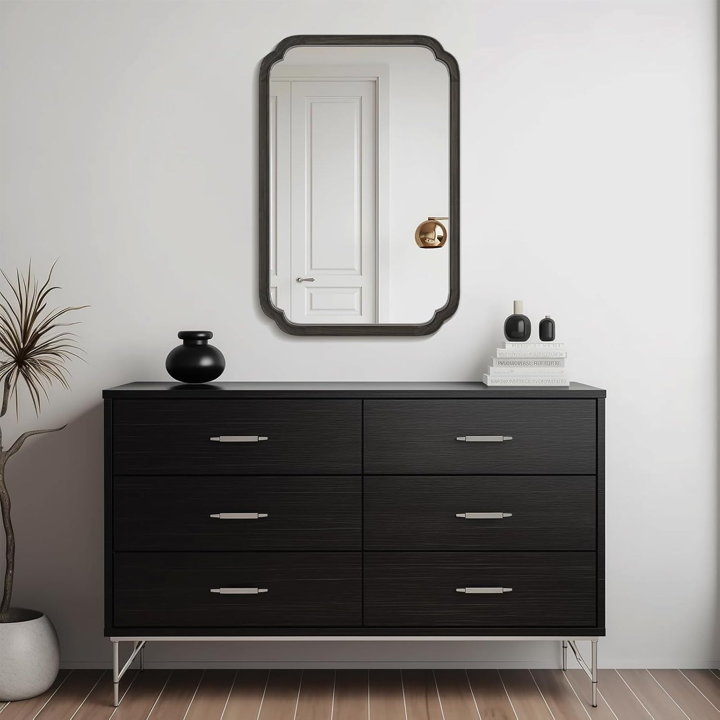 WallBeyond 24" x 36" Rounded Corner Arch Wall Mirror with Wood Frame for Entryway, Living Room or Bedroom Home Decor - Light Woodgrain [24" x 36" Black]