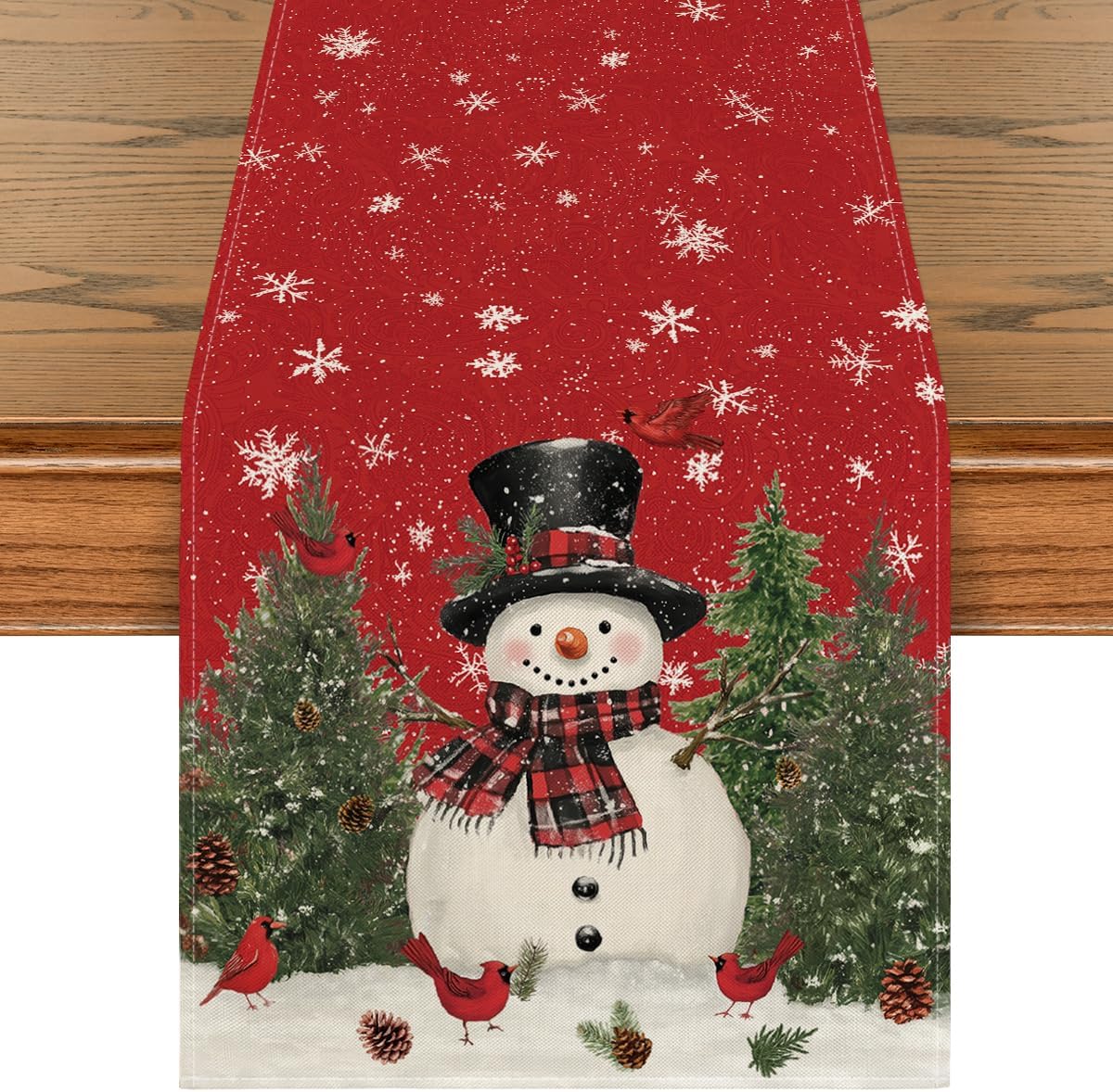 Artoid Mode Snowman Christmas Birds Trees Table Runner, Seasonal Winter Xmas Holiday Kitchen Dining Table Decoration for Indoor Outdoor Home Party Decor 13 x 108 Inch